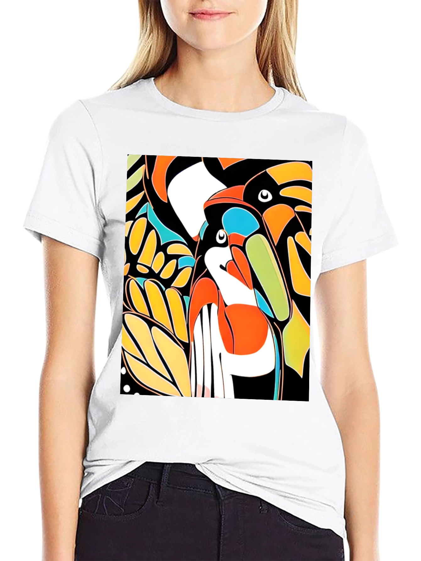 Black Abstract Toucan Print Black T-Shirt view 9