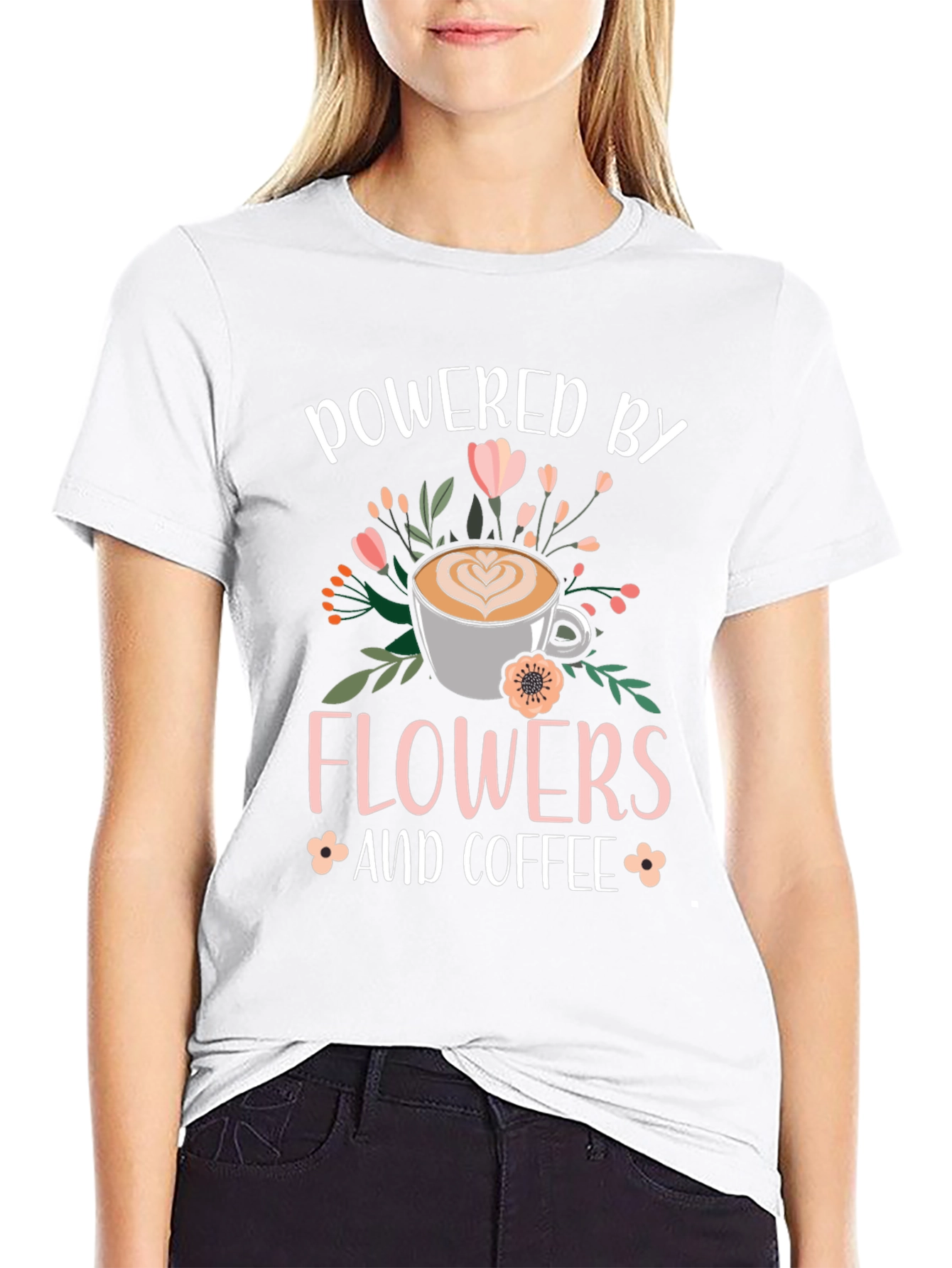 Black Powered By Flowers and Coffee Graphic Tee view 9