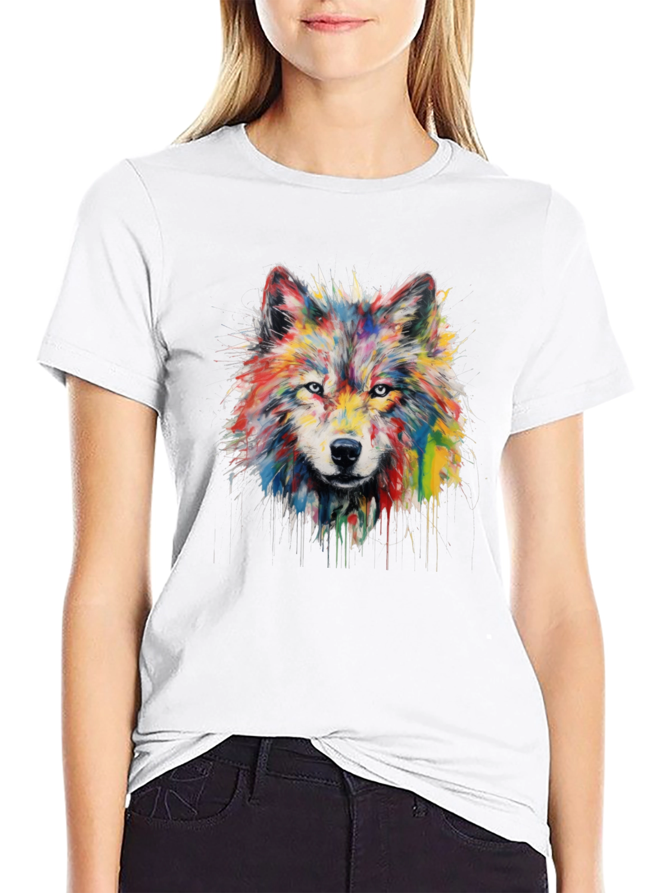 Black Colorful Watercolor Wolf Graphic Black T-Shirt view 9