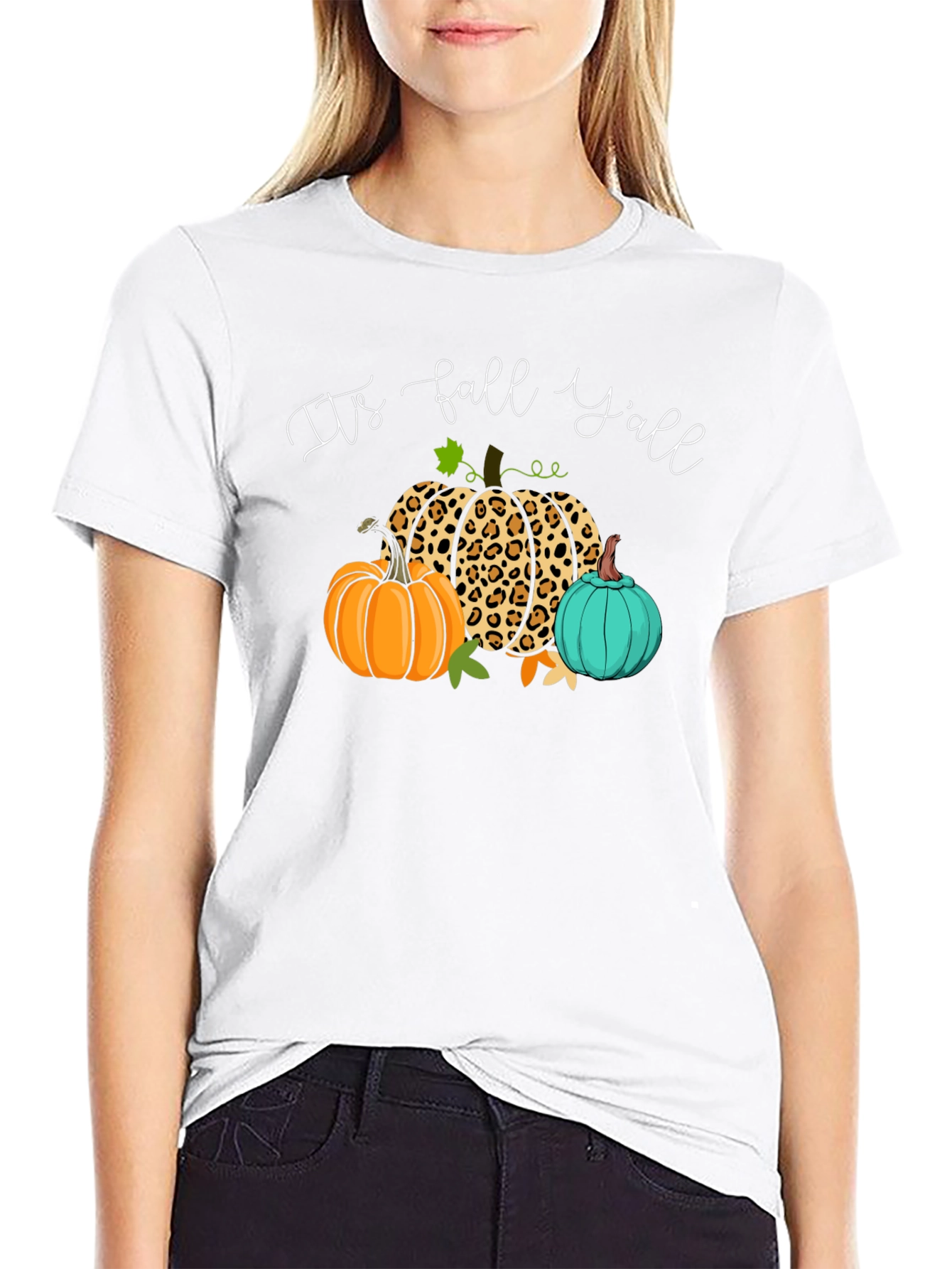 Black It's Fall Y'all Pumpkin Leopard T-Shirt view 9