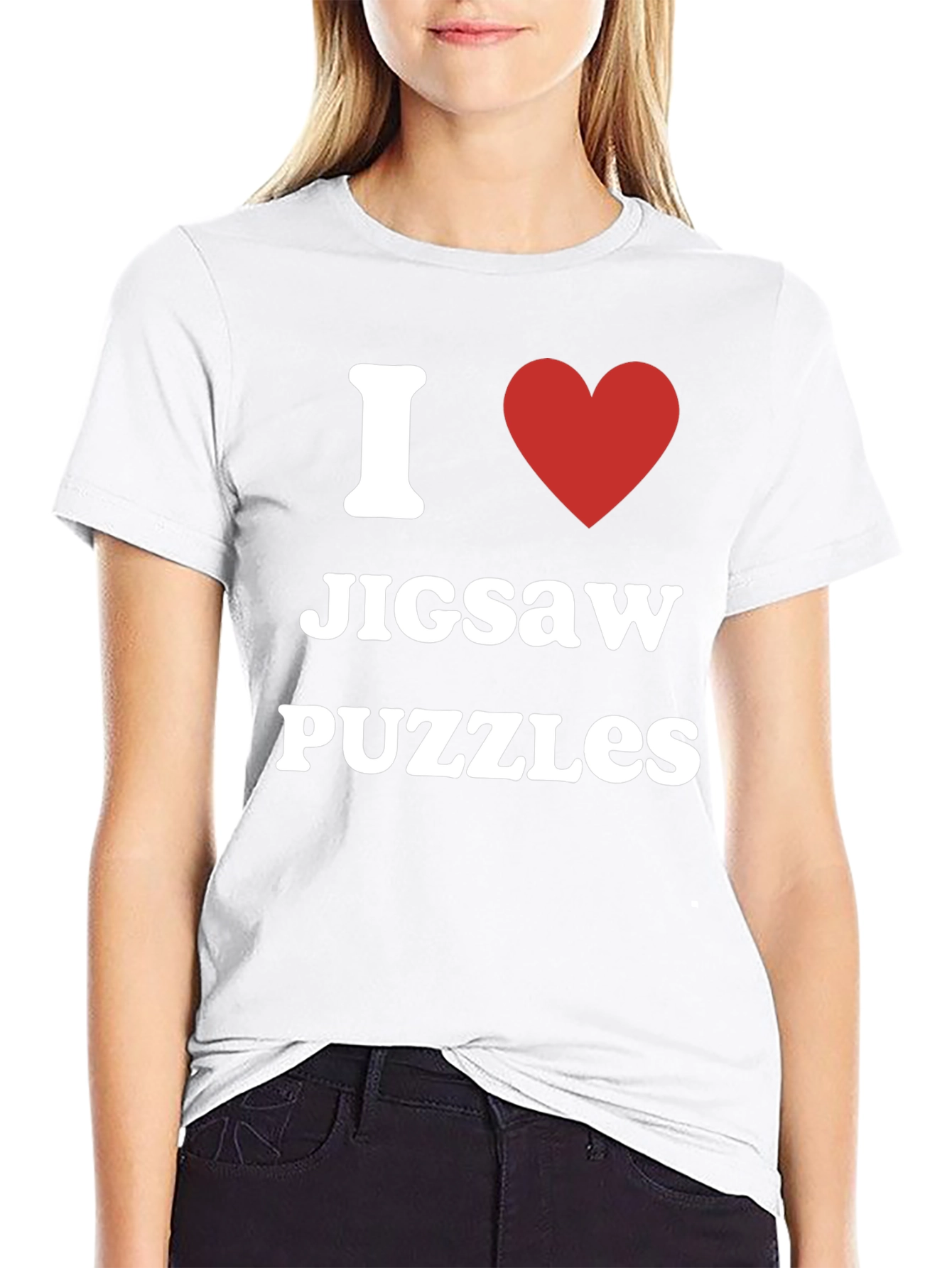 Black I Heart Jigsaw Puzzles T-Shirt - Black Cotton Tee view 9