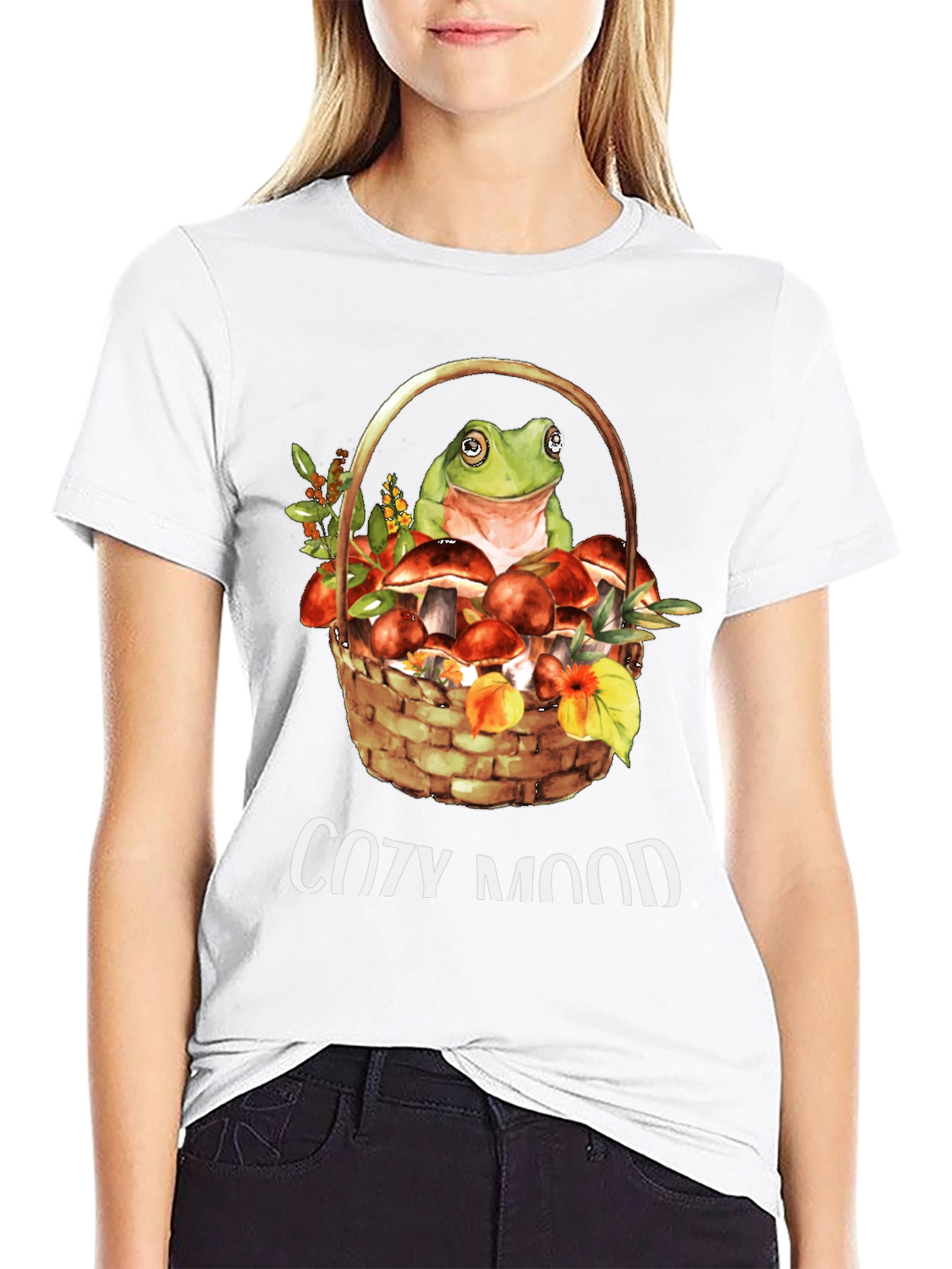 Black Cozy Mood Frog & Mushroom Basket T-Shirt view 9