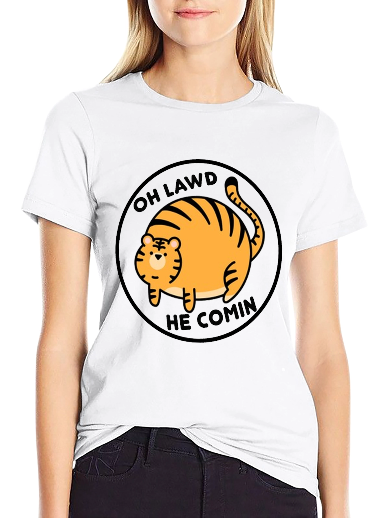 Black Oh Lawd He Comin' Cat T-Shirt - Funny Round Orange Tabby Tee view 9
