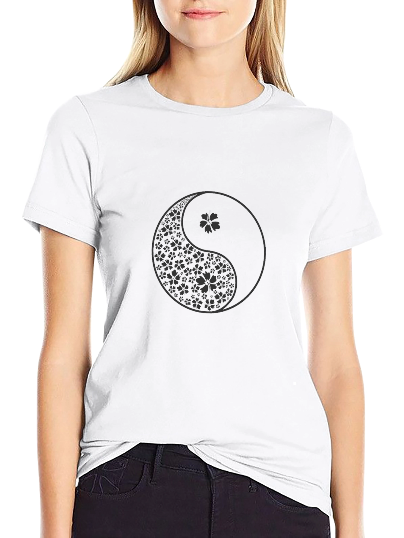 Black Yin Yang Cherry Blossom Black T-Shirt view 9