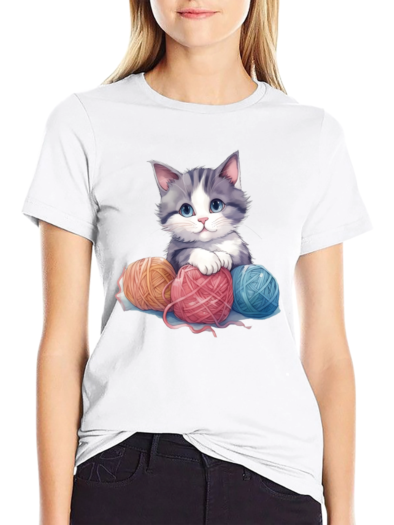 Black Cute Kitten & Yarn Balls Graphic Tee view 9