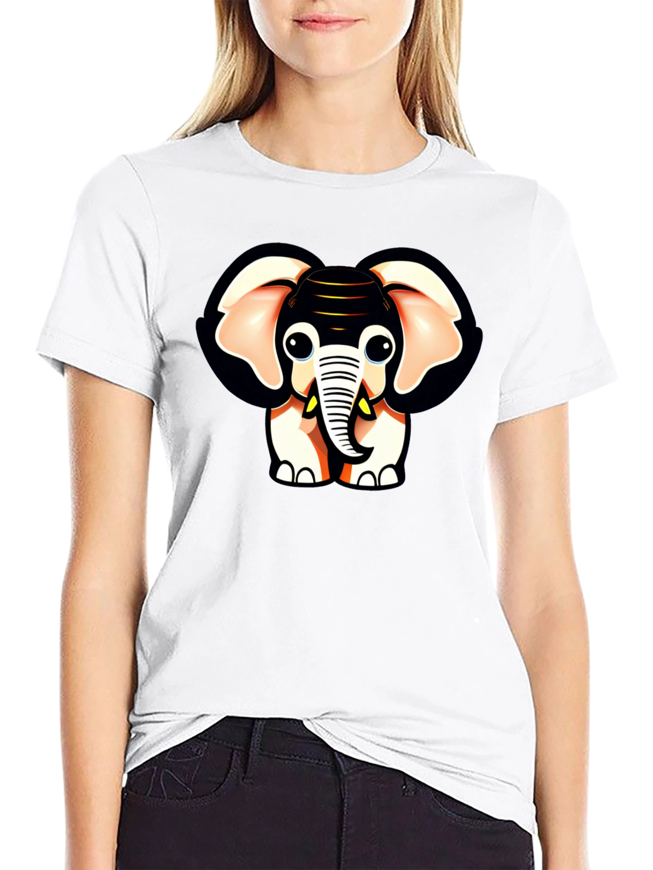 Black Cute Cartoon Elephant Graphic Black T-Shirt view 9