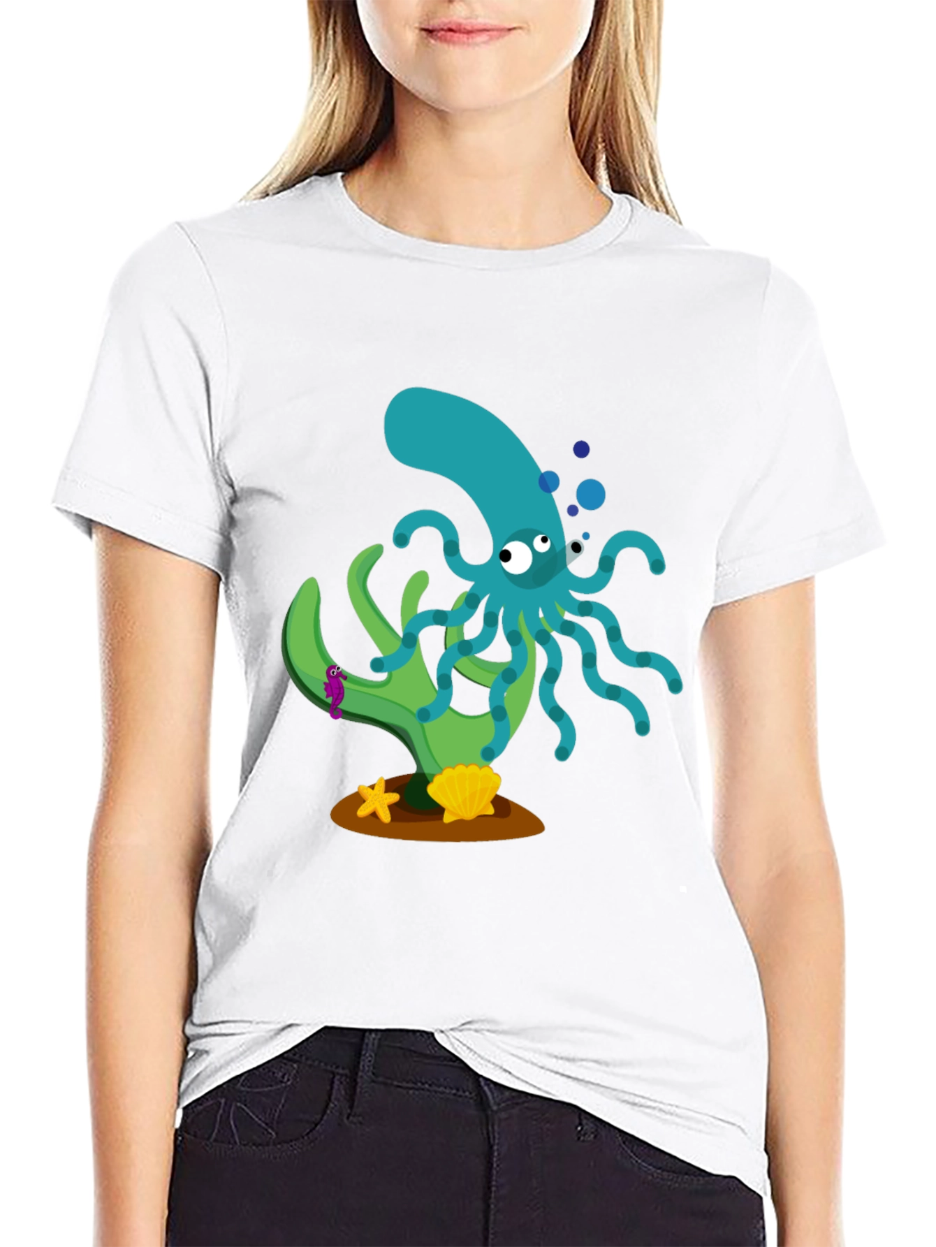 Black Cartoon Octopus Graphic Print Black T-Shirt view 9