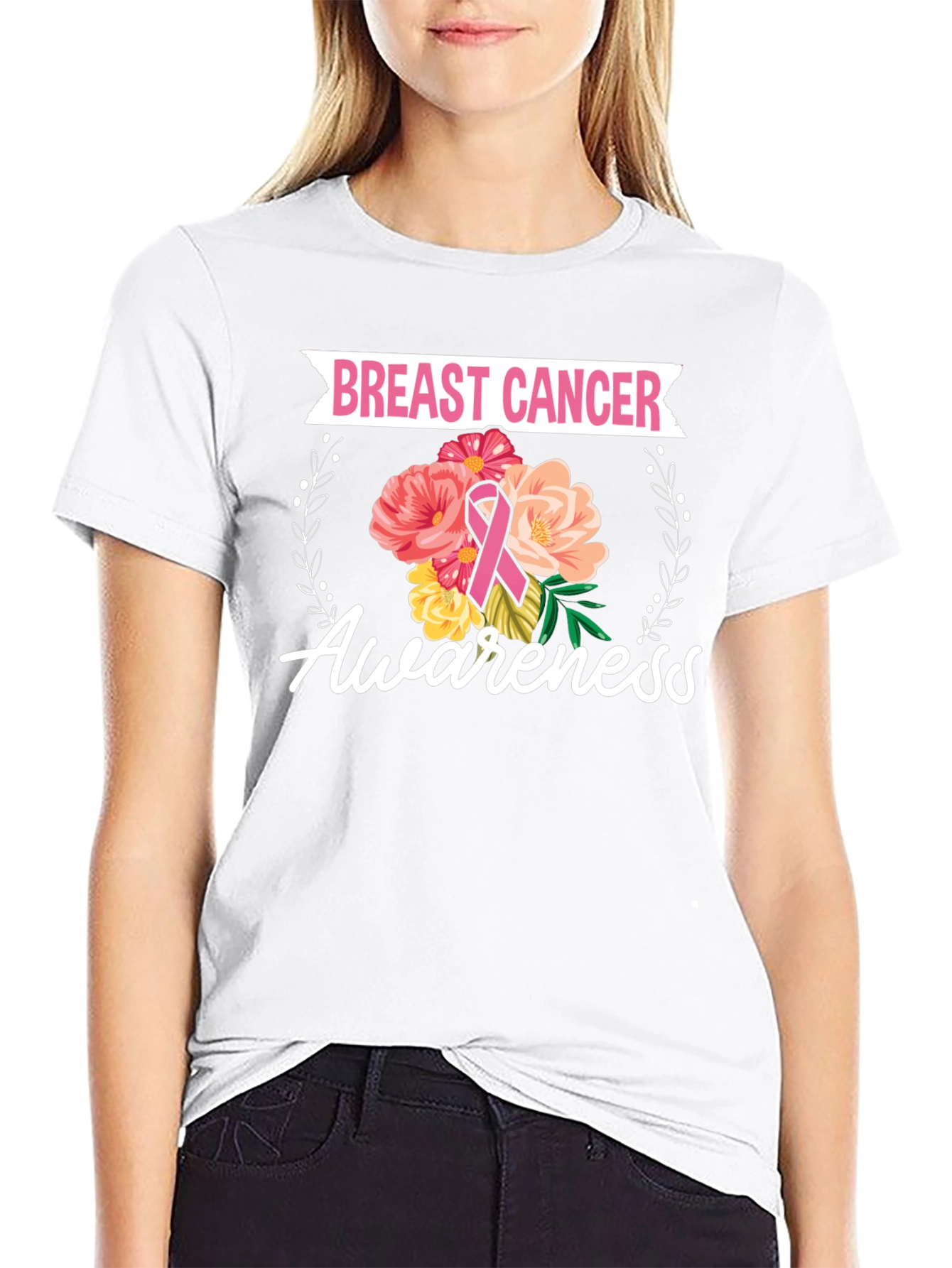 Black Breast Cancer Awareness Floral T-Shirt view 9