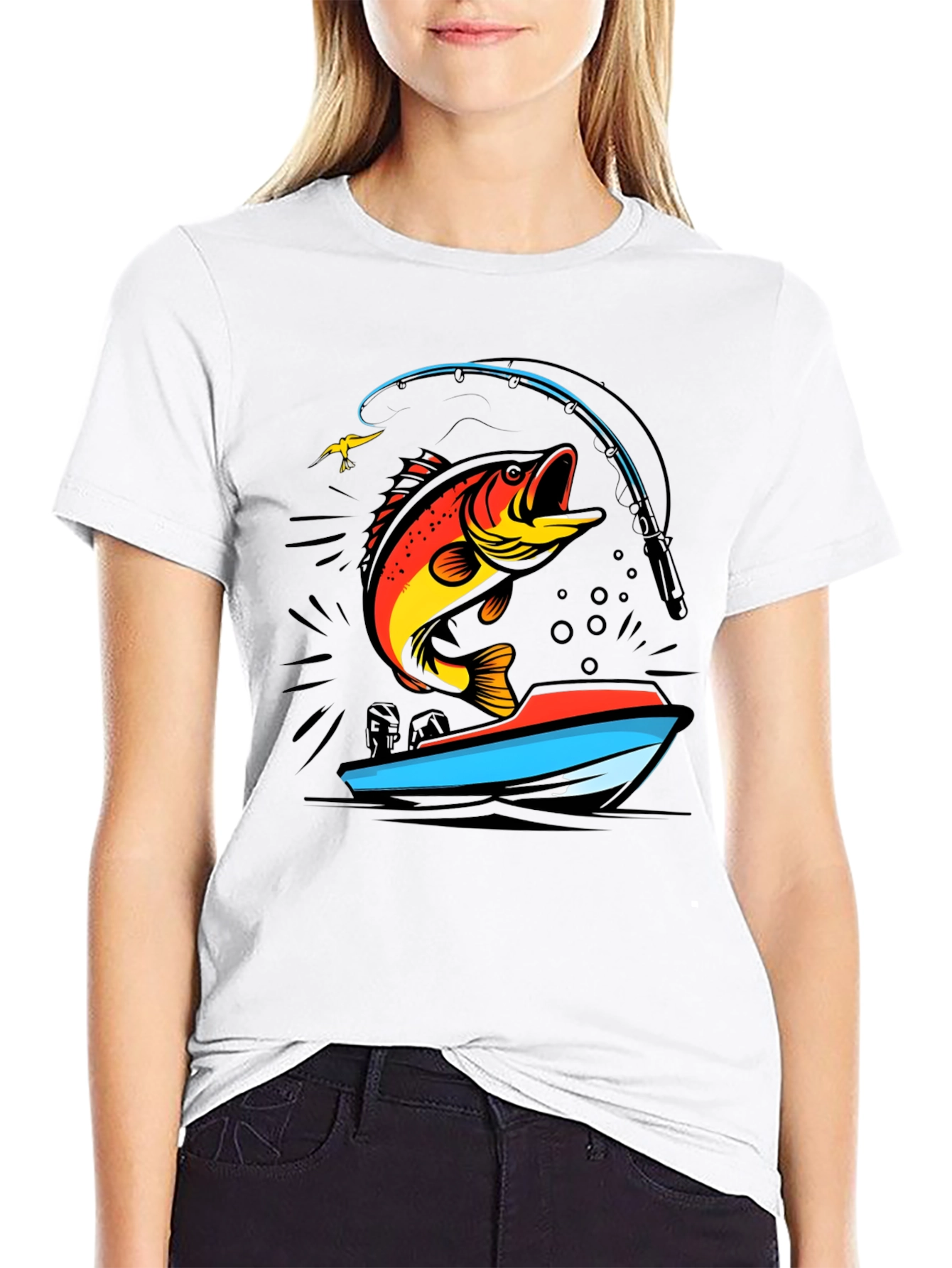 Black Fishing T-Shirt: Bass Jumping From Boat view 9
