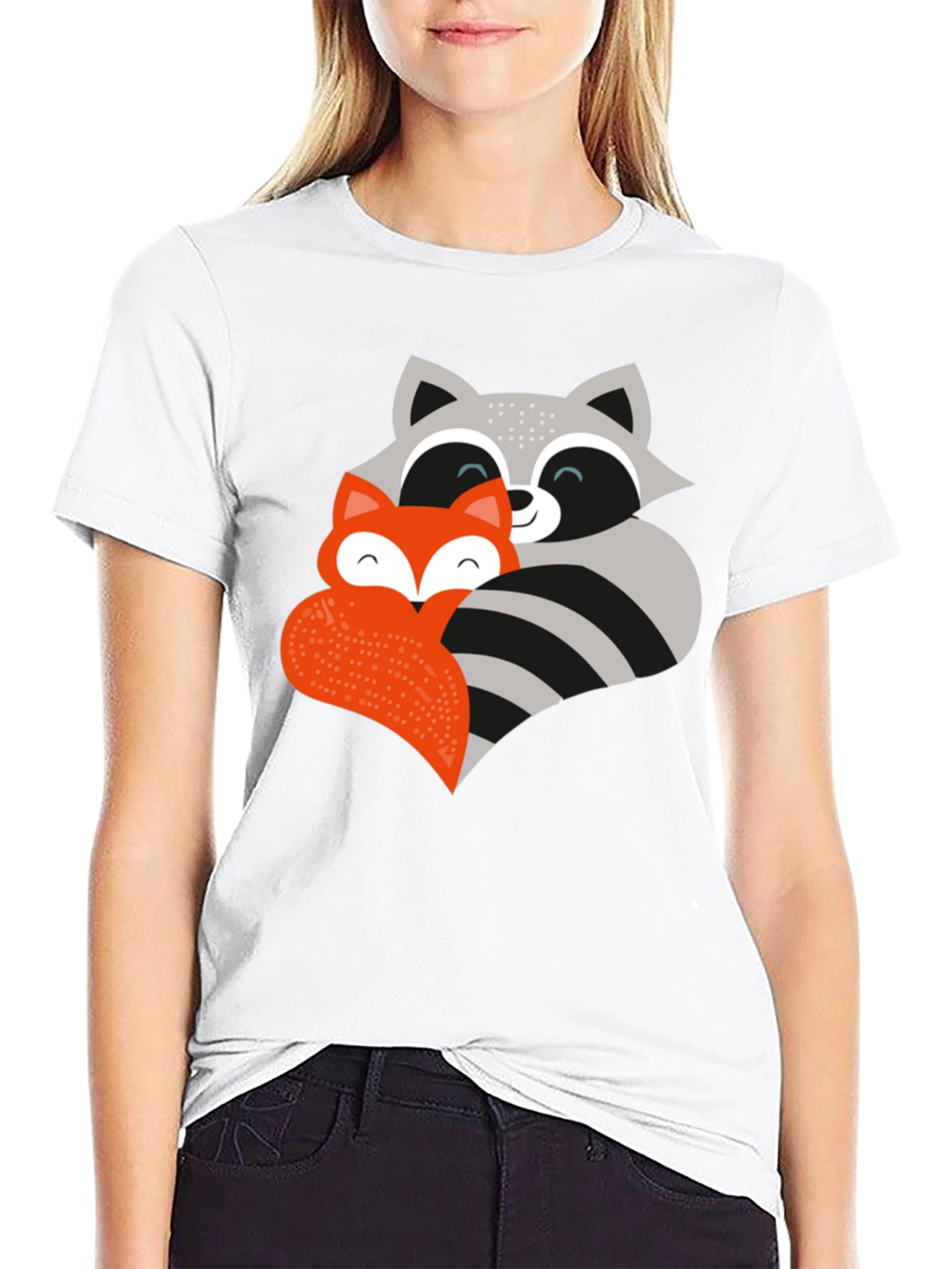 Black Cute Fox and Raccoon Graphic Tee view 9