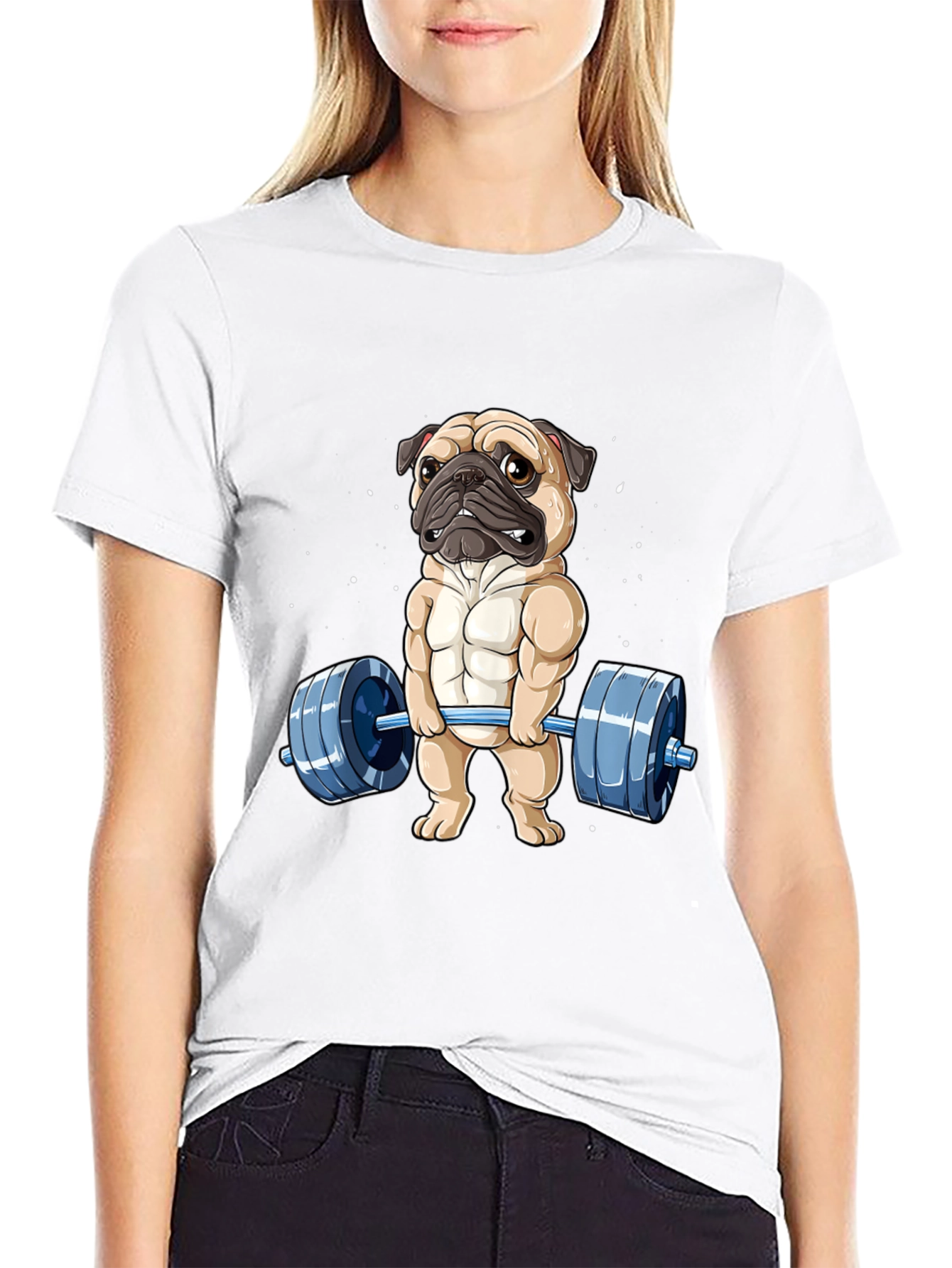 Black Muscle Pug Weightlifting Graphic Tee view 9
