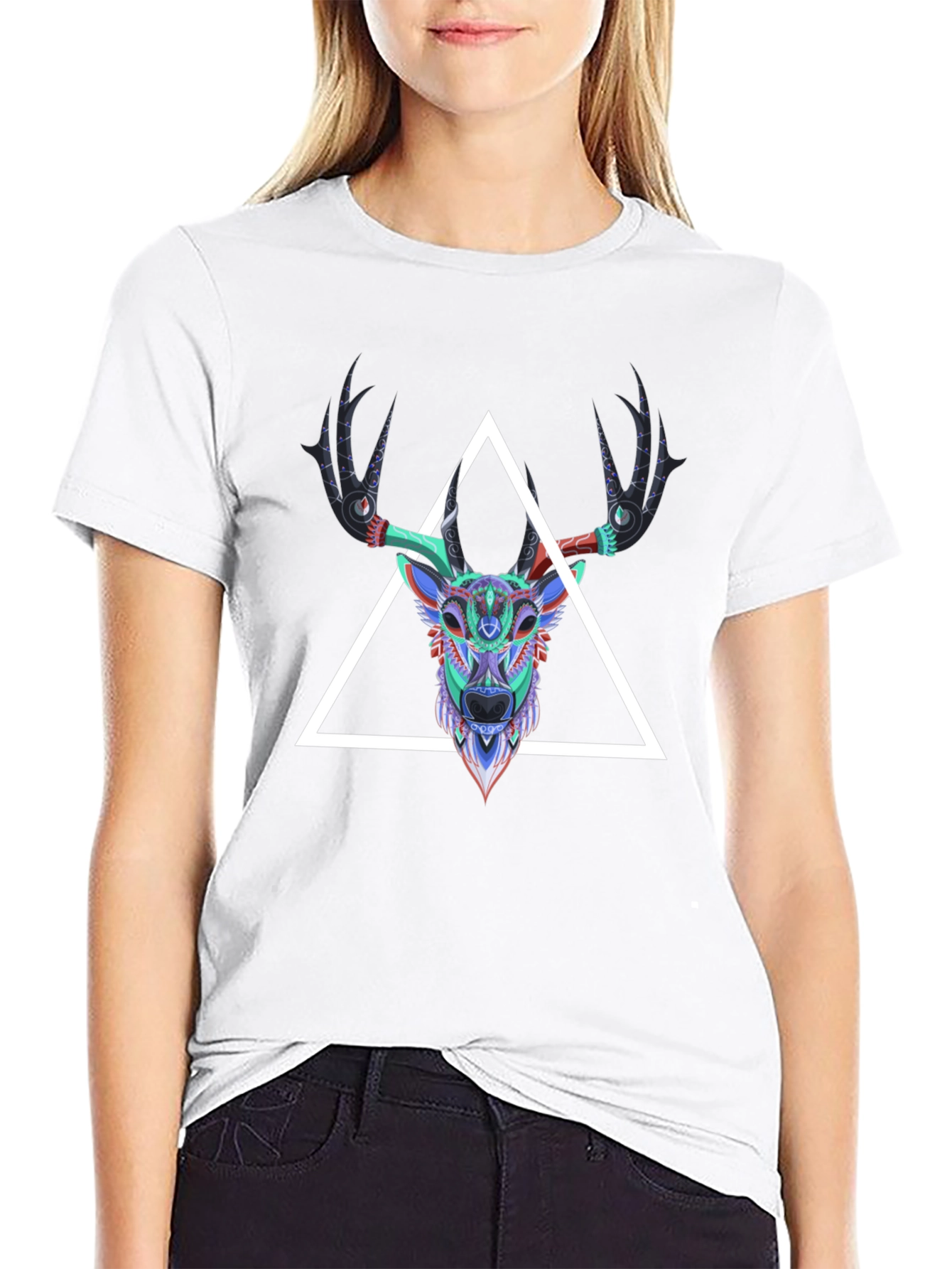 Black Geometric Deer Head Graphic Tee - Men's Black T-Shirt view 9