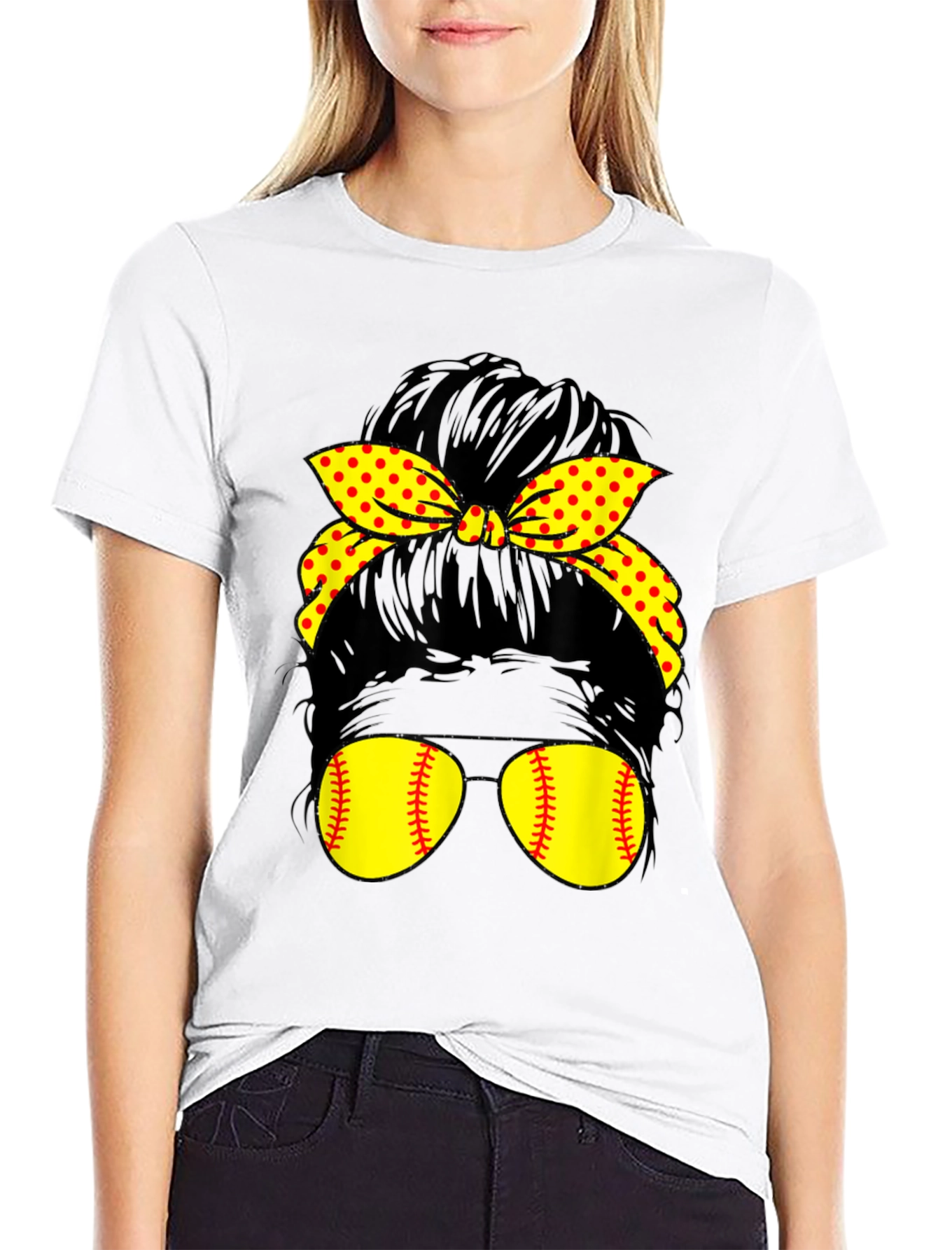 Black Softball Messy Bun Sunglasses T-Shirt view 9