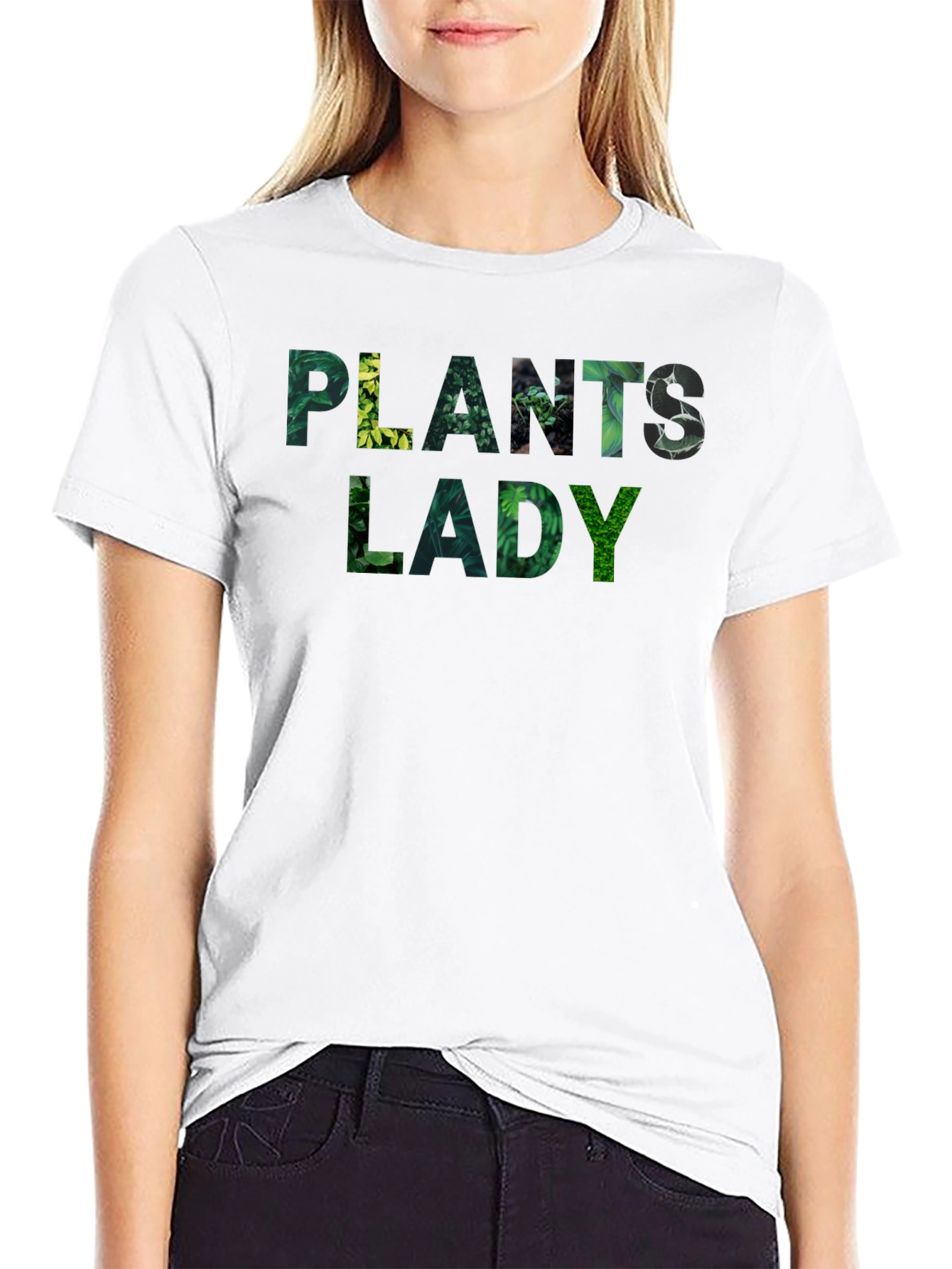 Black Plants Lady T-Shirt - Botanical Green Text view 9