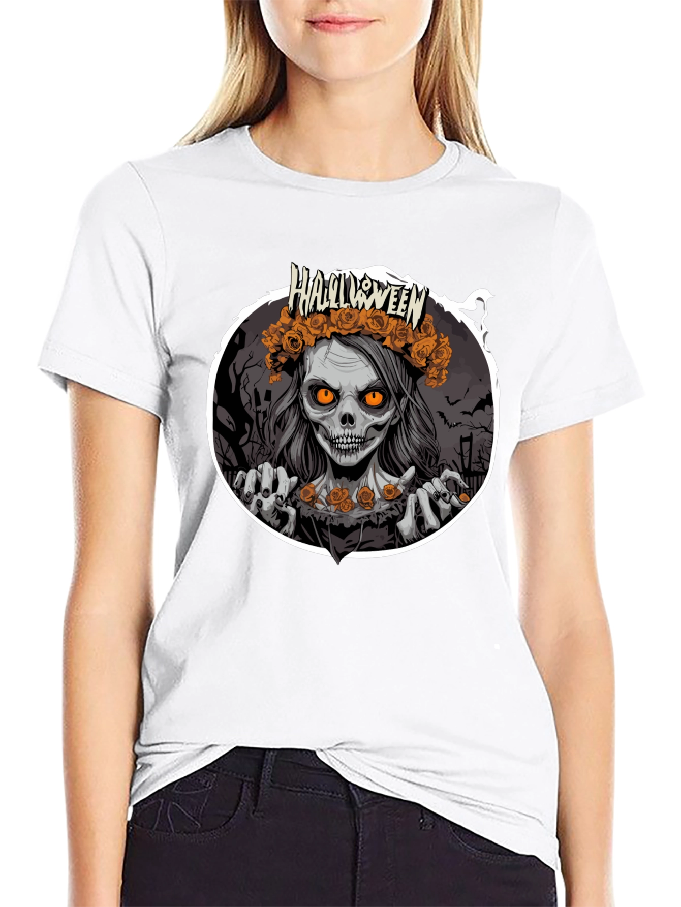 Black Halloween Zombie Woman Black T-Shirt view 9