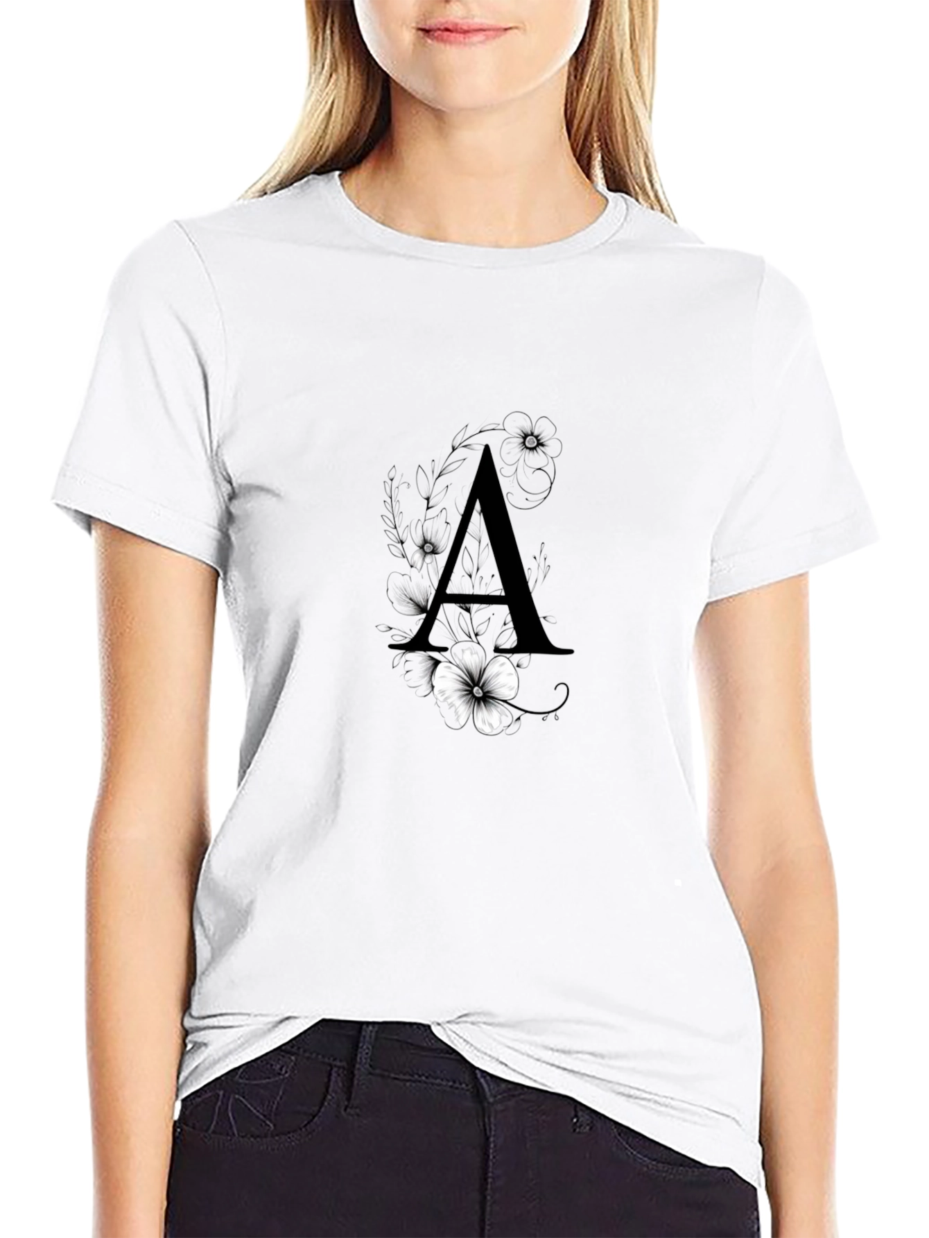 Black Elegant Black T-Shirt with Floral Letter "A" Design view 9
