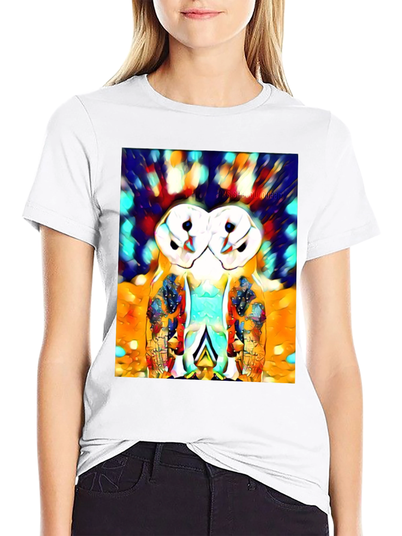 Black Abstract Owl Print T-Shirt view 9