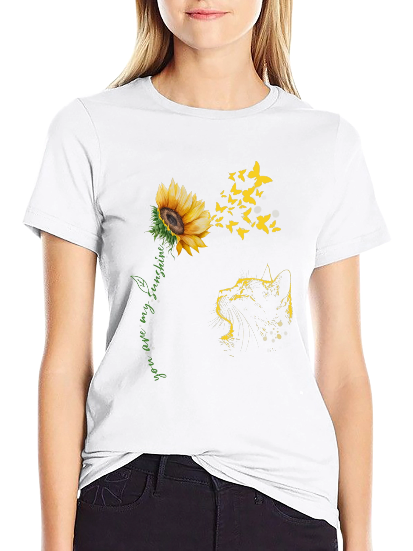 Black Sunflower Cat Graphic Tee - "You Are My Sunshine" view 9