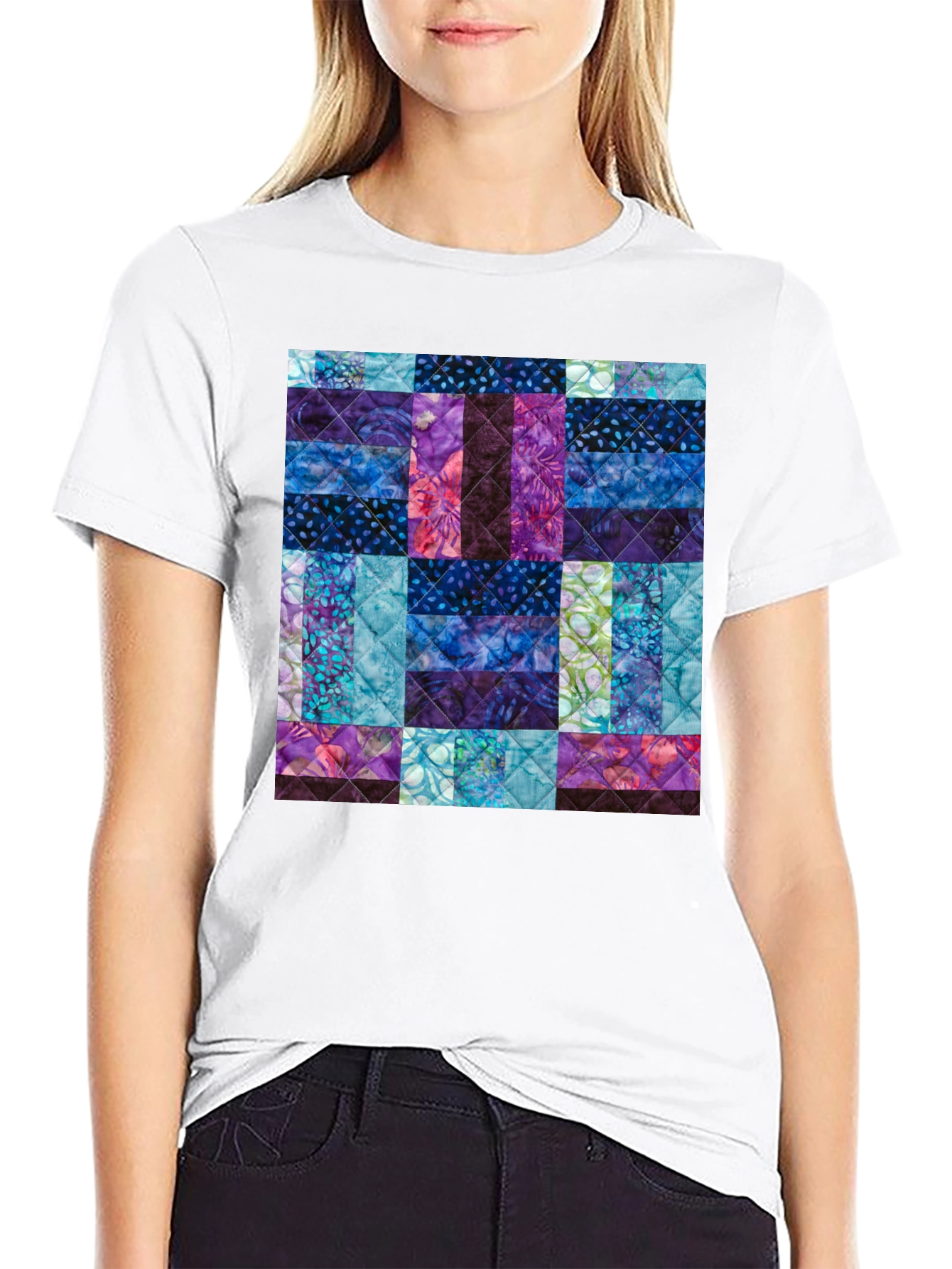 Black Quilted Pattern T-Shirt - Modern Abstract Design view 9