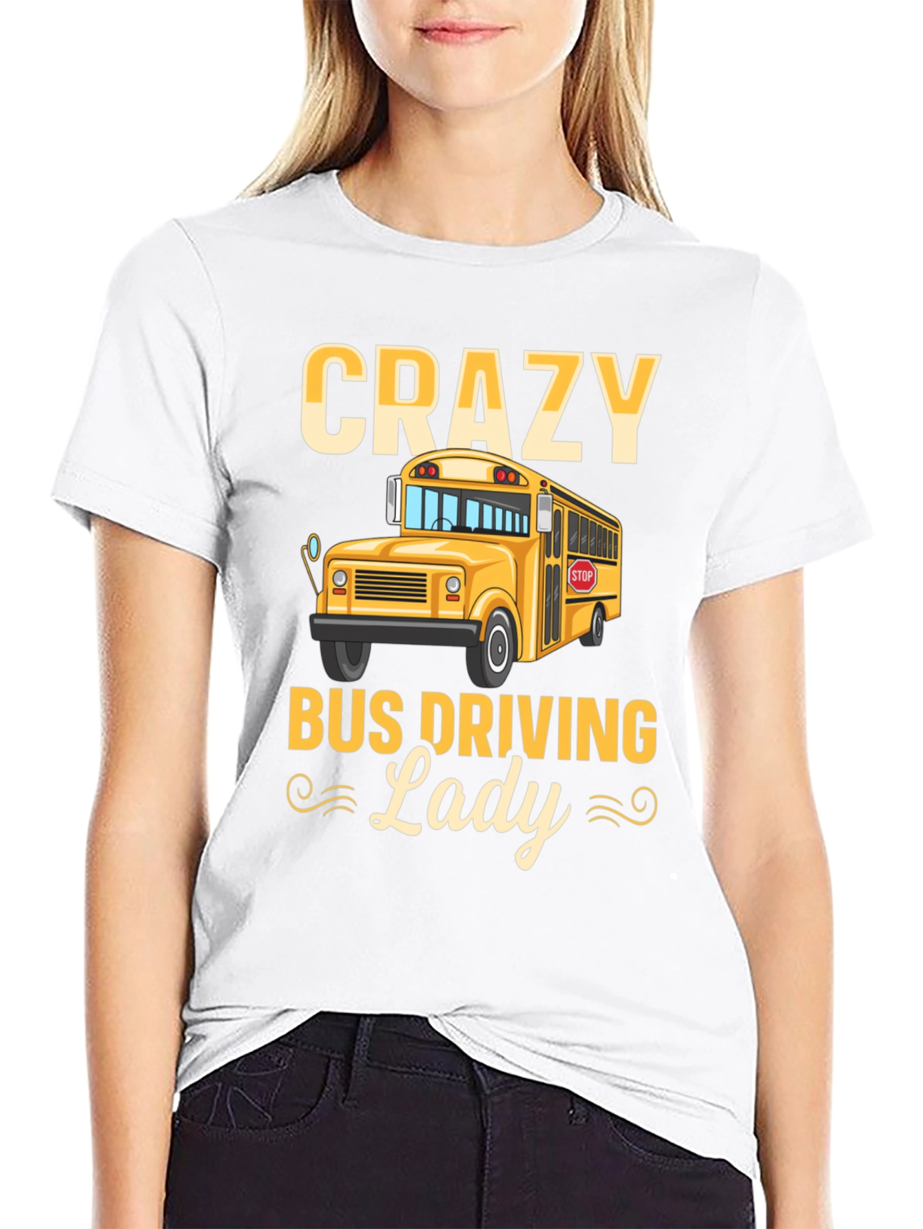 Black Crazy Bus Driving Lady T-Shirt - Black view 9