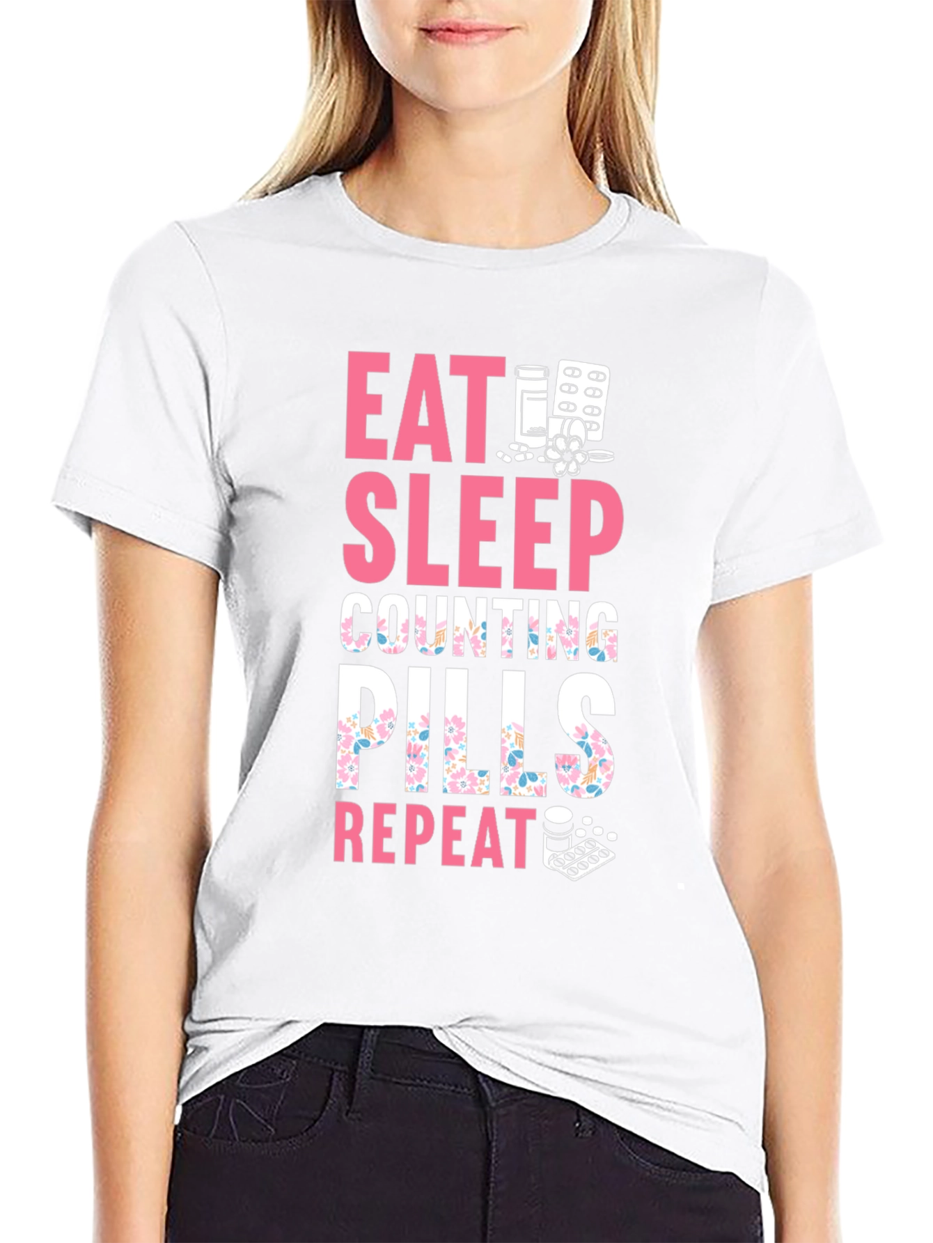 Black Eat Sleep Counting Pills Funny T-Shirt view 9