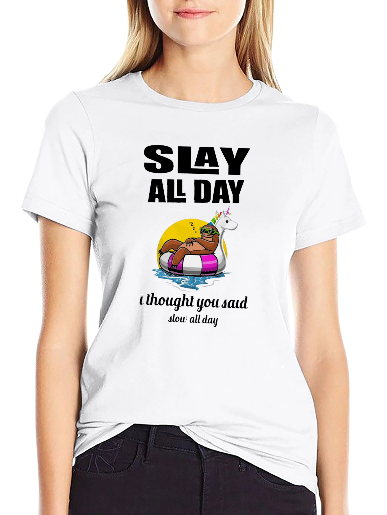Black Slay All Day Sloth Unisex T-Shirt view 9