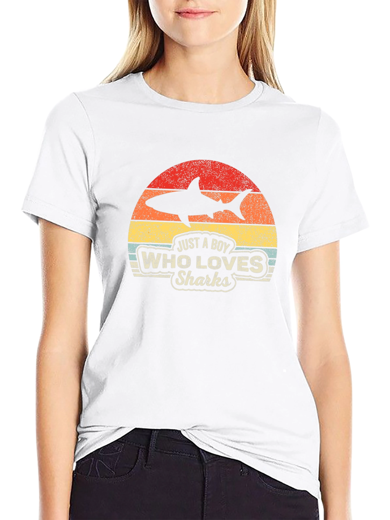 Black Boy Who Loves Sharks Black T-Shirt - Retro Style view 9