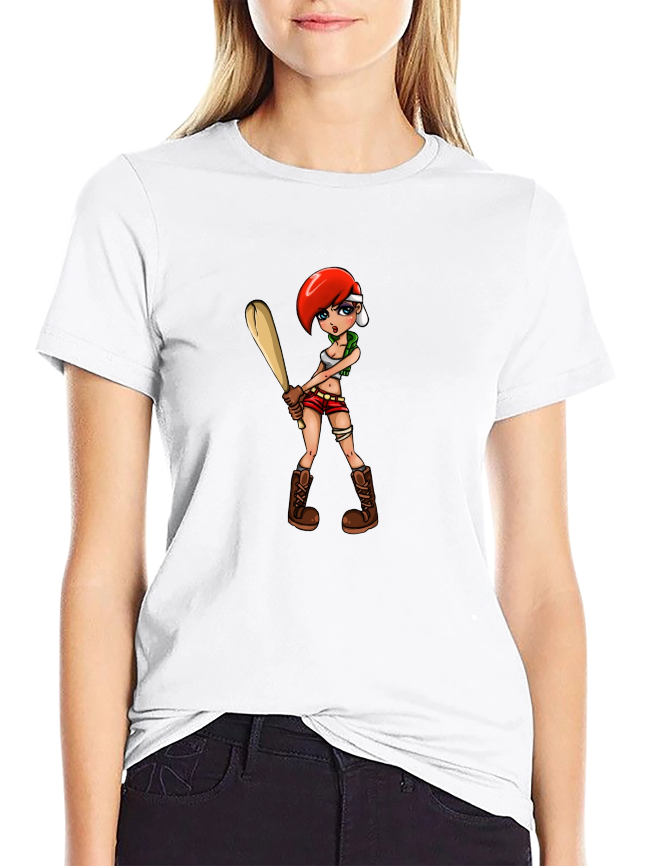 Black Cartoon Girl with Baseball Bat Graphic T-Shirt view 9