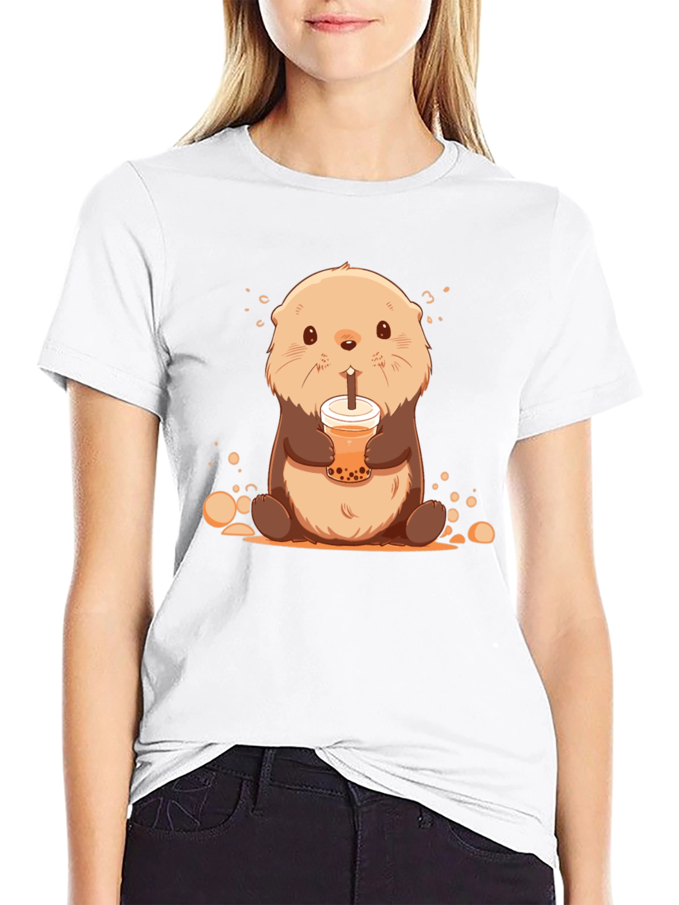 Black Cute Otter Bubble Tea Graphic T-Shirt view 9