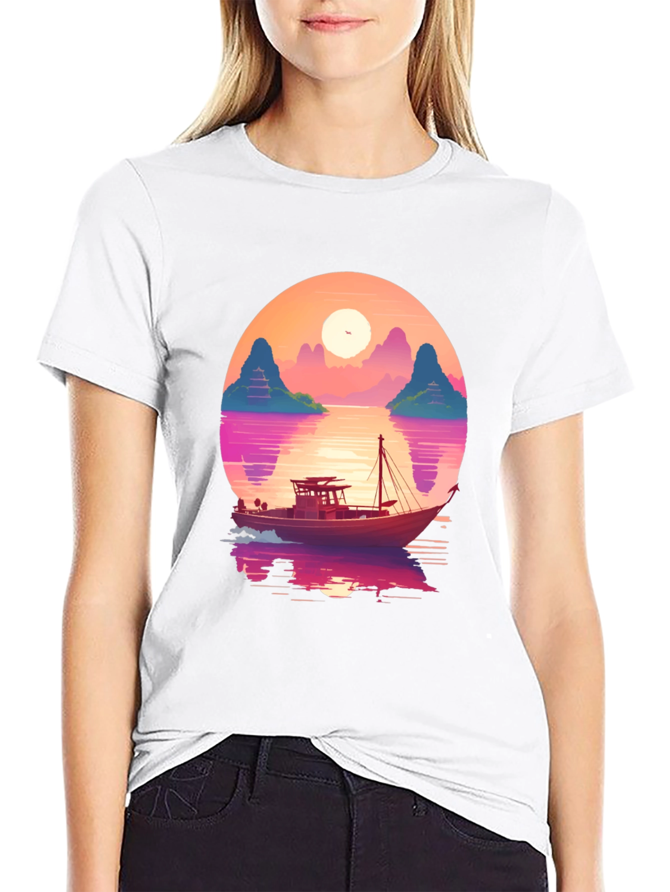 Black Sunset Boat Graphic Tee - Retro Style view 9
