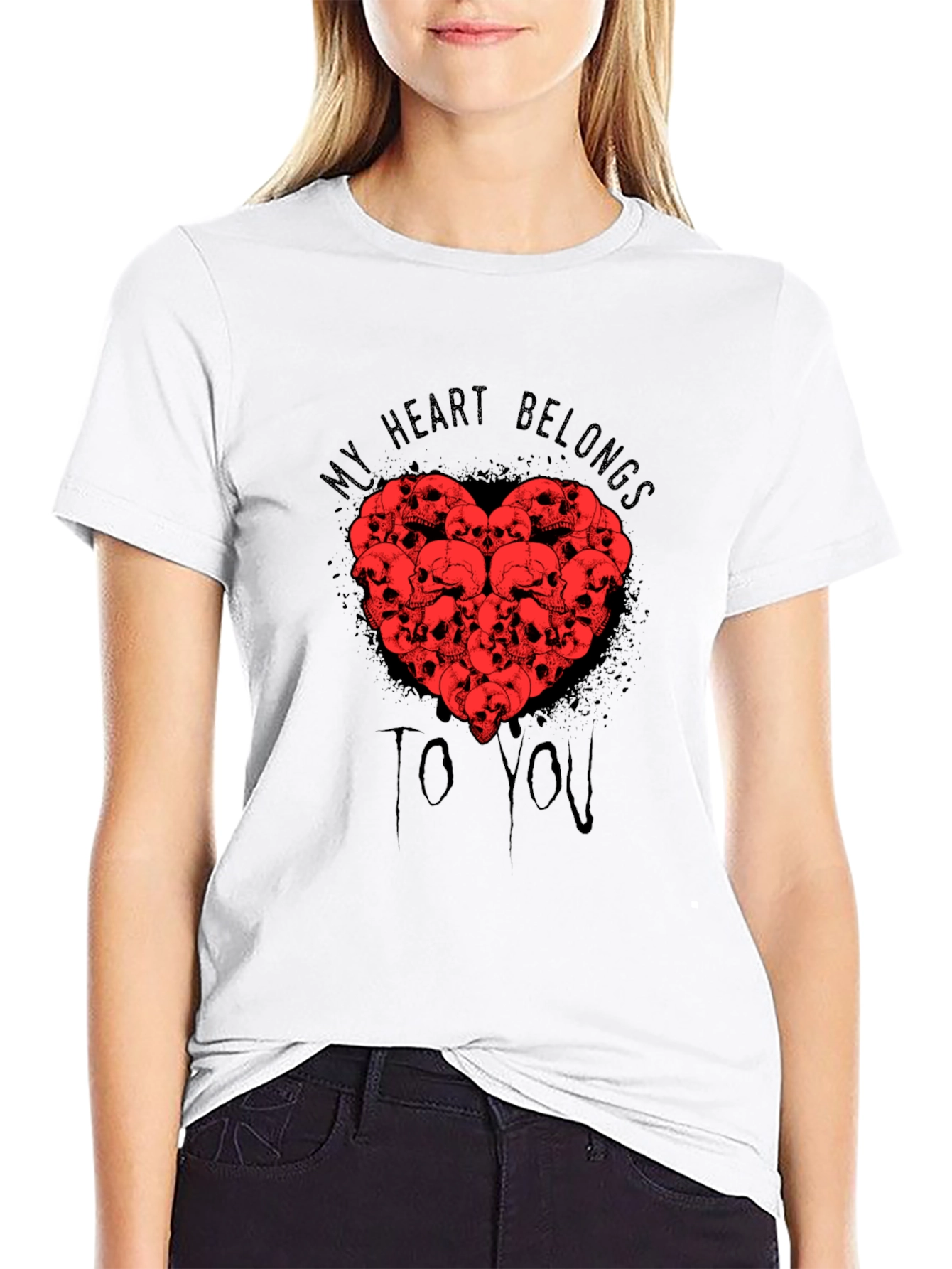 Black Skull Heart Graphic T-Shirt - My Heart Belongs To You view 9