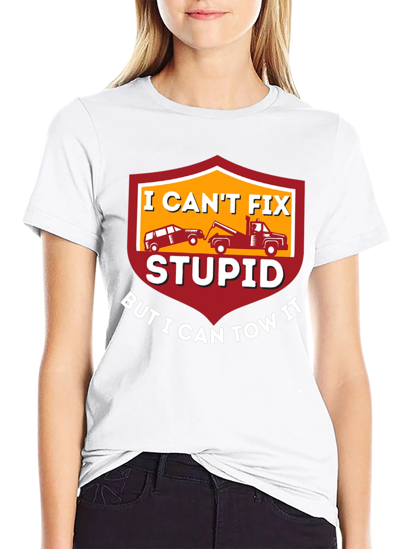 Black I Can't Fix Stupid Tow Truck T-Shirt view 9