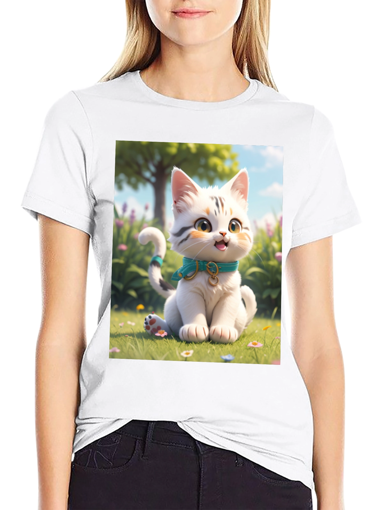 Black Cute Cartoon Cat T-Shirt view 9