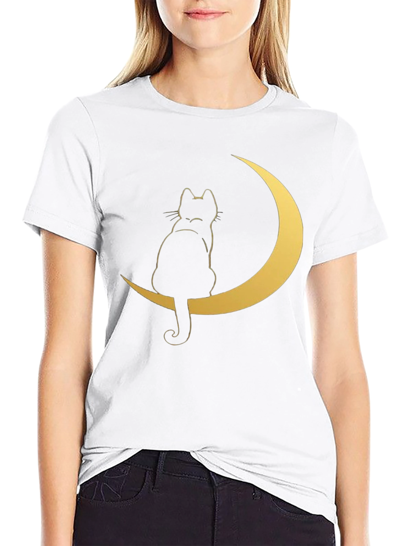 Black Cat on Moon Graphic Tee - Stylish Black T-Shirt view 9
