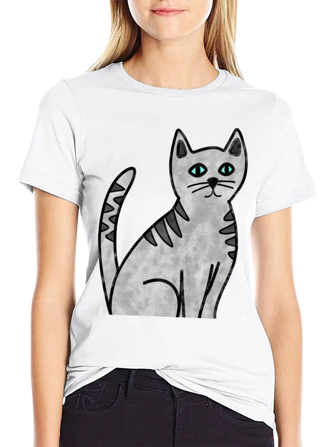 Black Cute Cat Graphic Print Black T-Shirt view 9