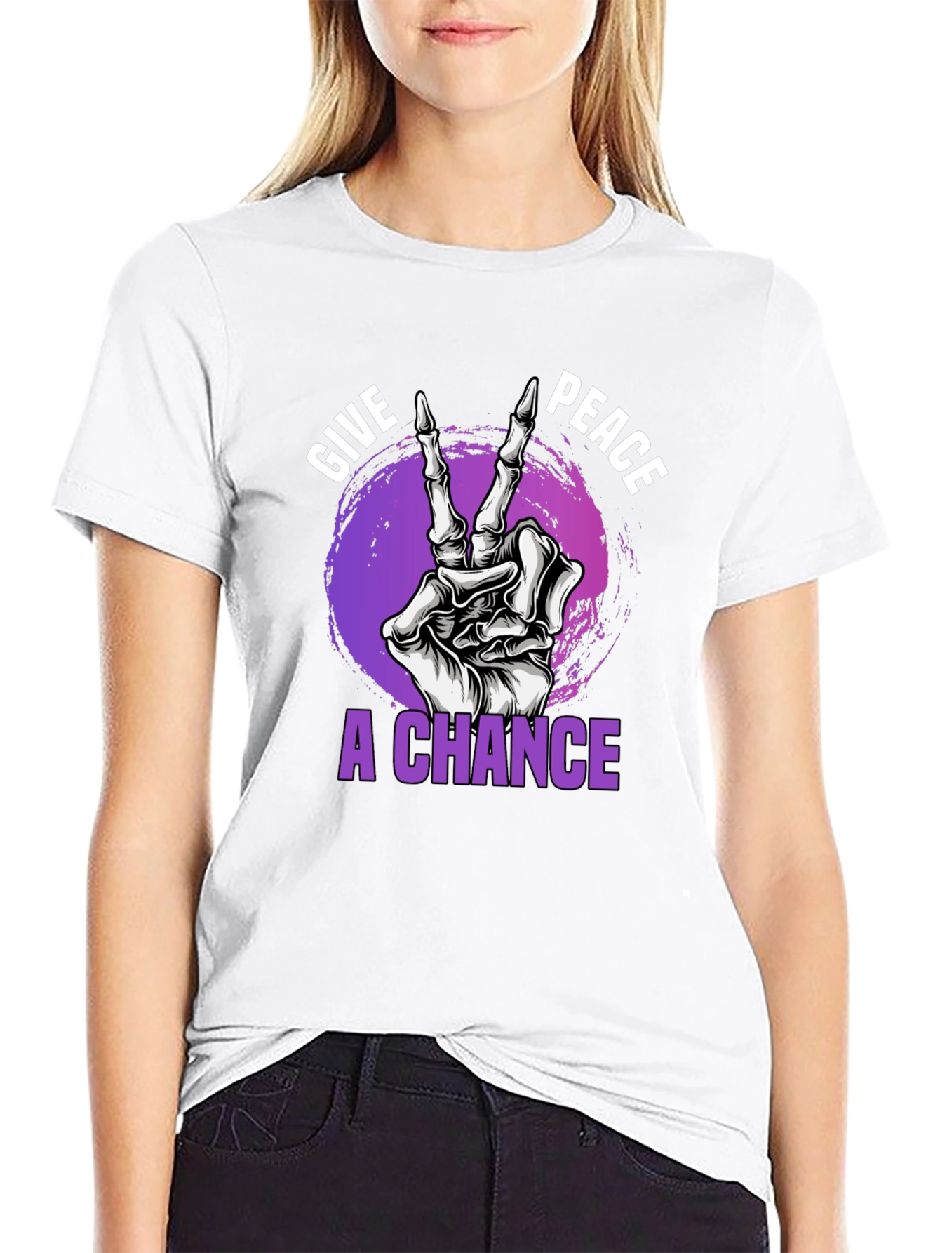 Black Give Peace A Chance Skeleton Hand Graphic T-Shirt view 9