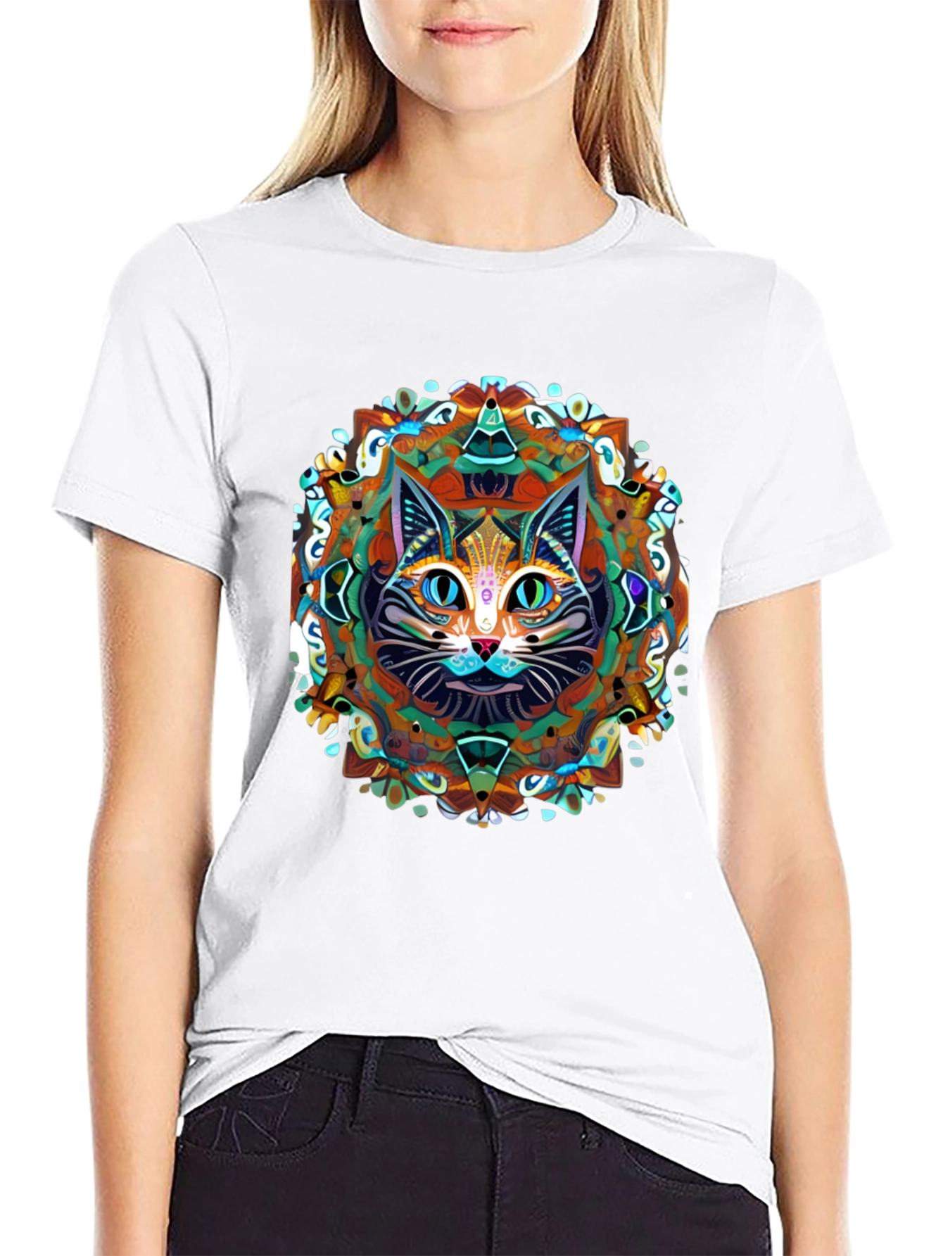 Black Psychedelic Cat Mandala T-Shirt view 9