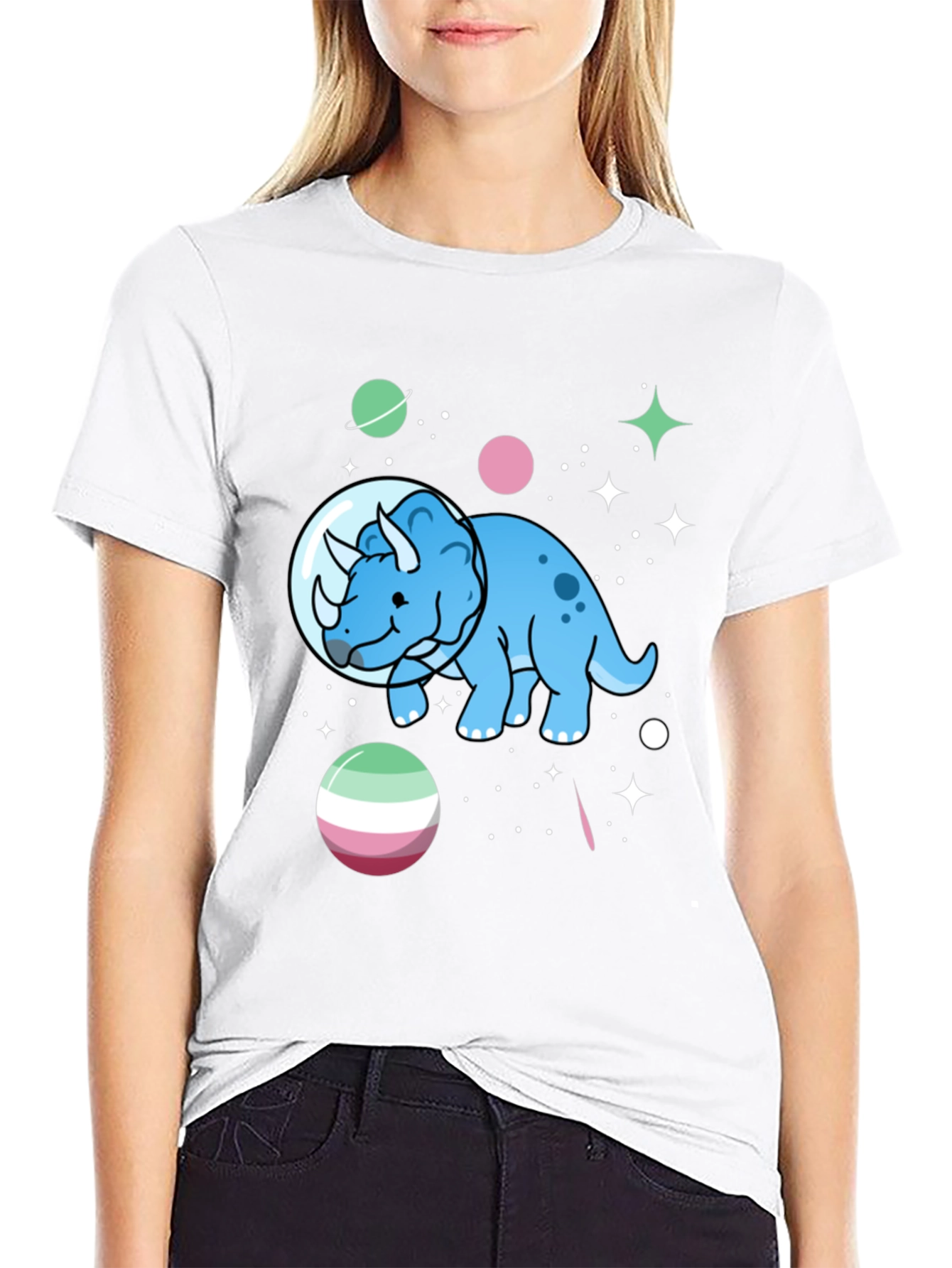 Black Dino in Space T-Shirt - Triceratops Astronaut view 9