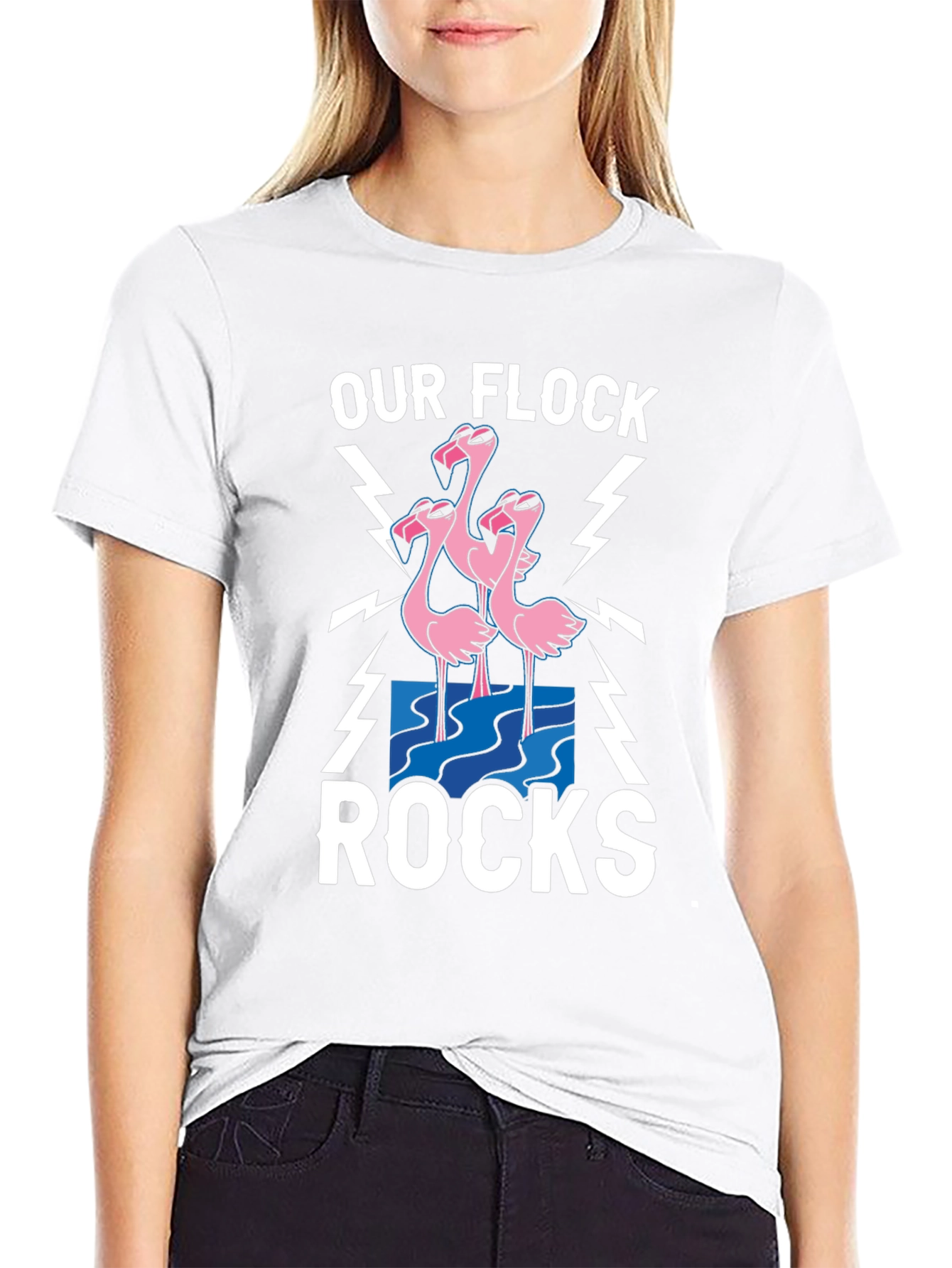 Black Our Flock Rocks T-Shirt - Pink Flamingo Design view 9