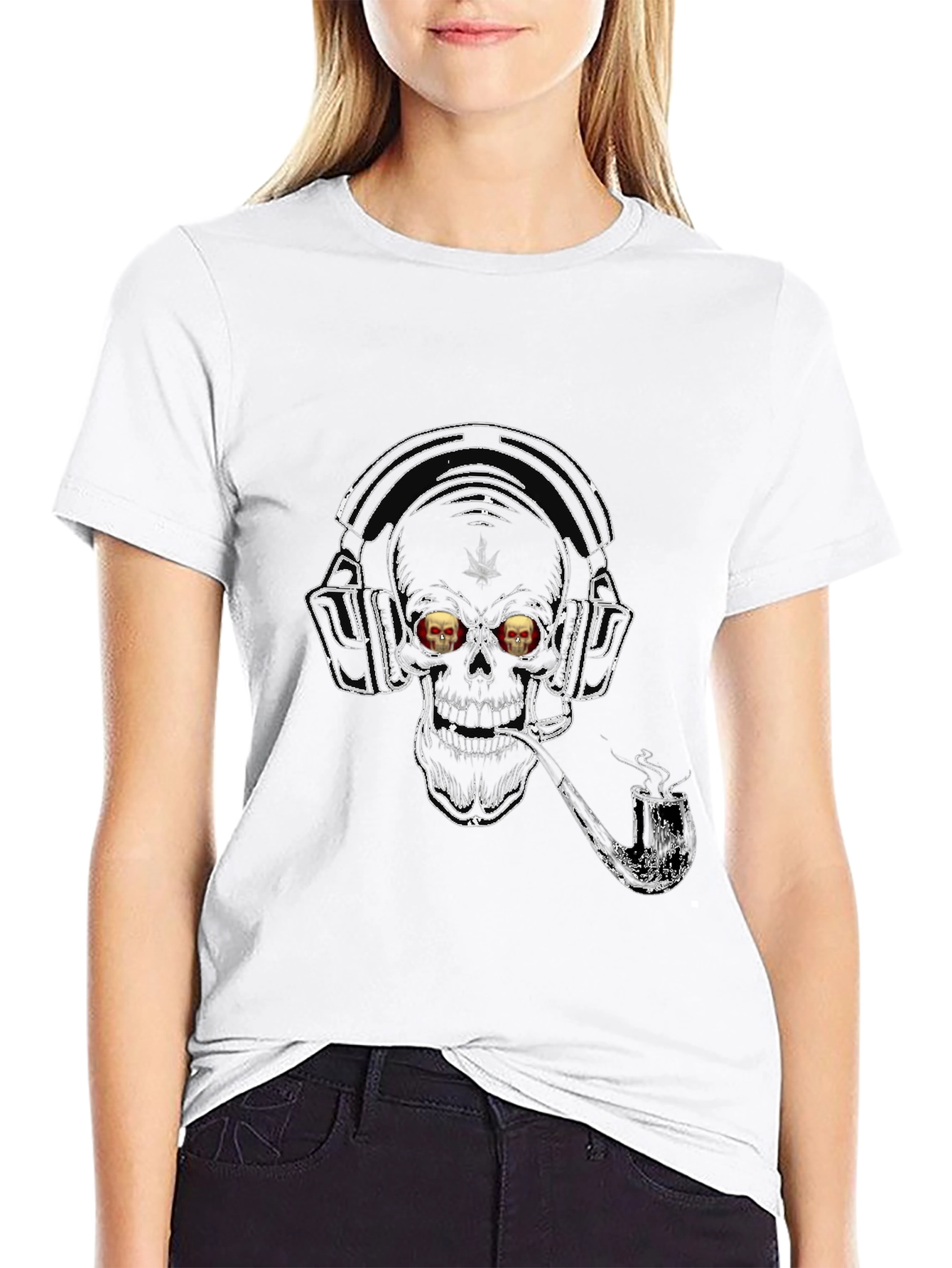 Black Skull with Headphones Graphic T-Shirt view 9
