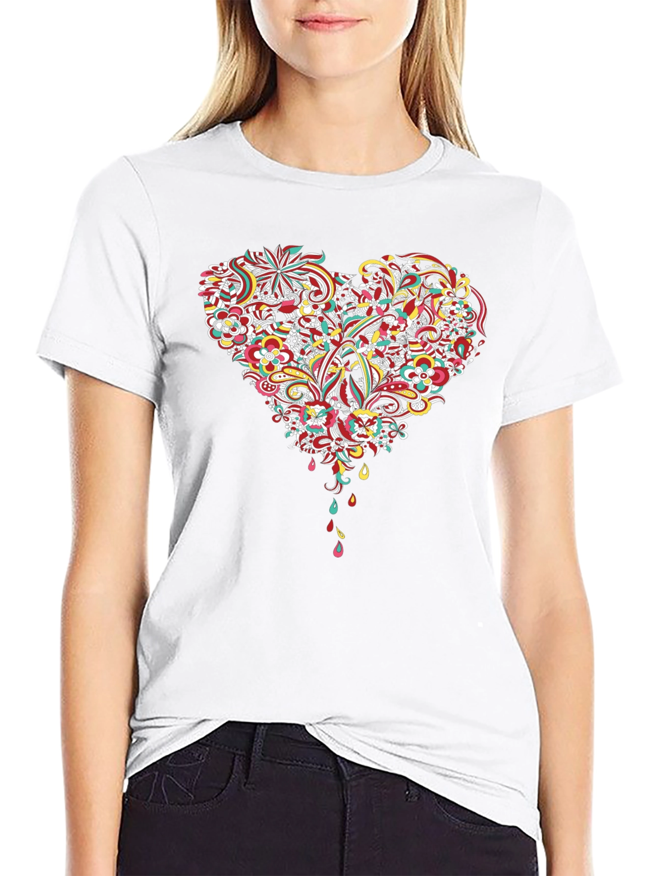 Black Floral Heart Graphic Tee - Black Cotton T-Shirt view 9