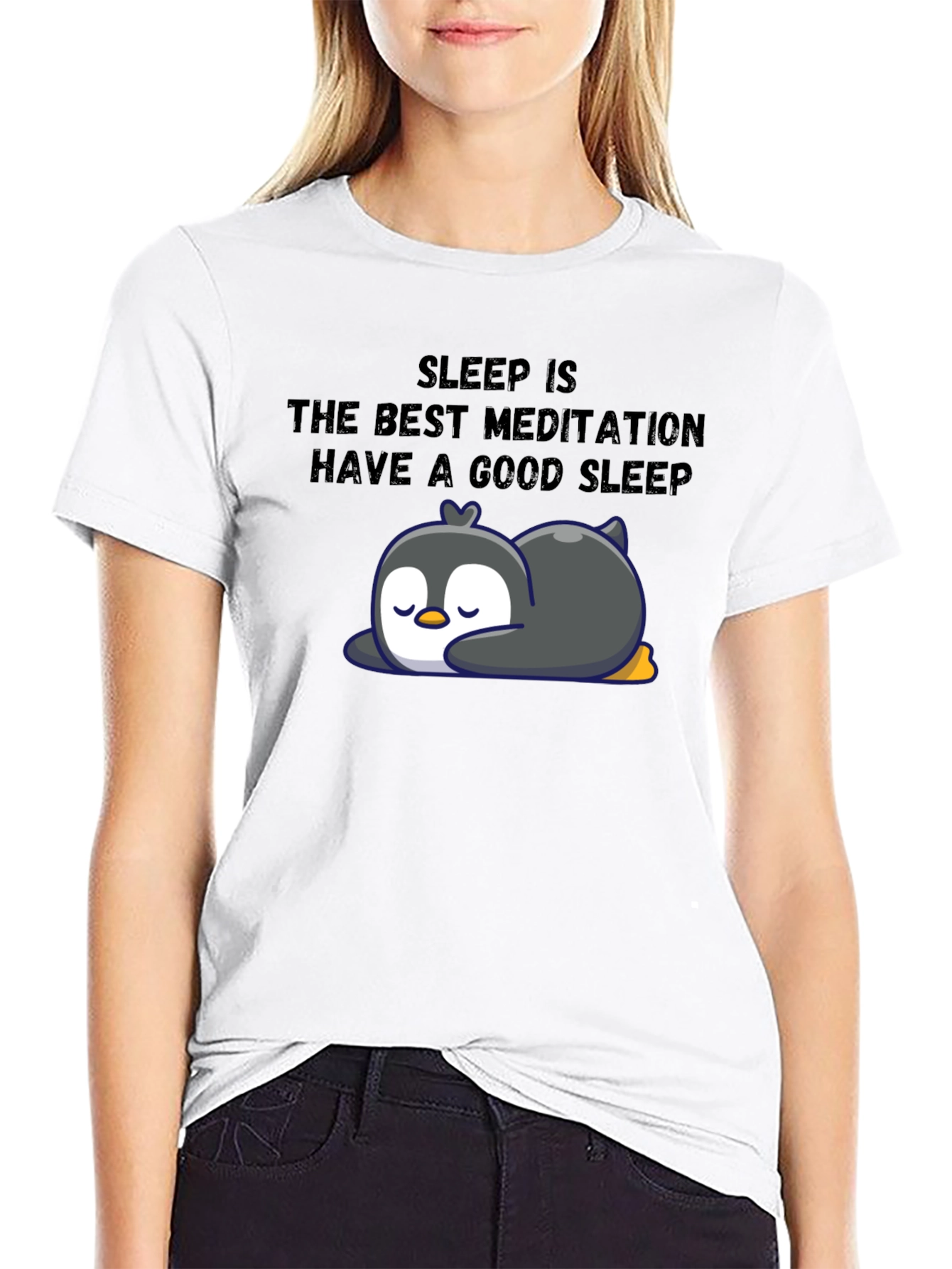 Black Sleep Meditation Penguin T-Shirt view 9