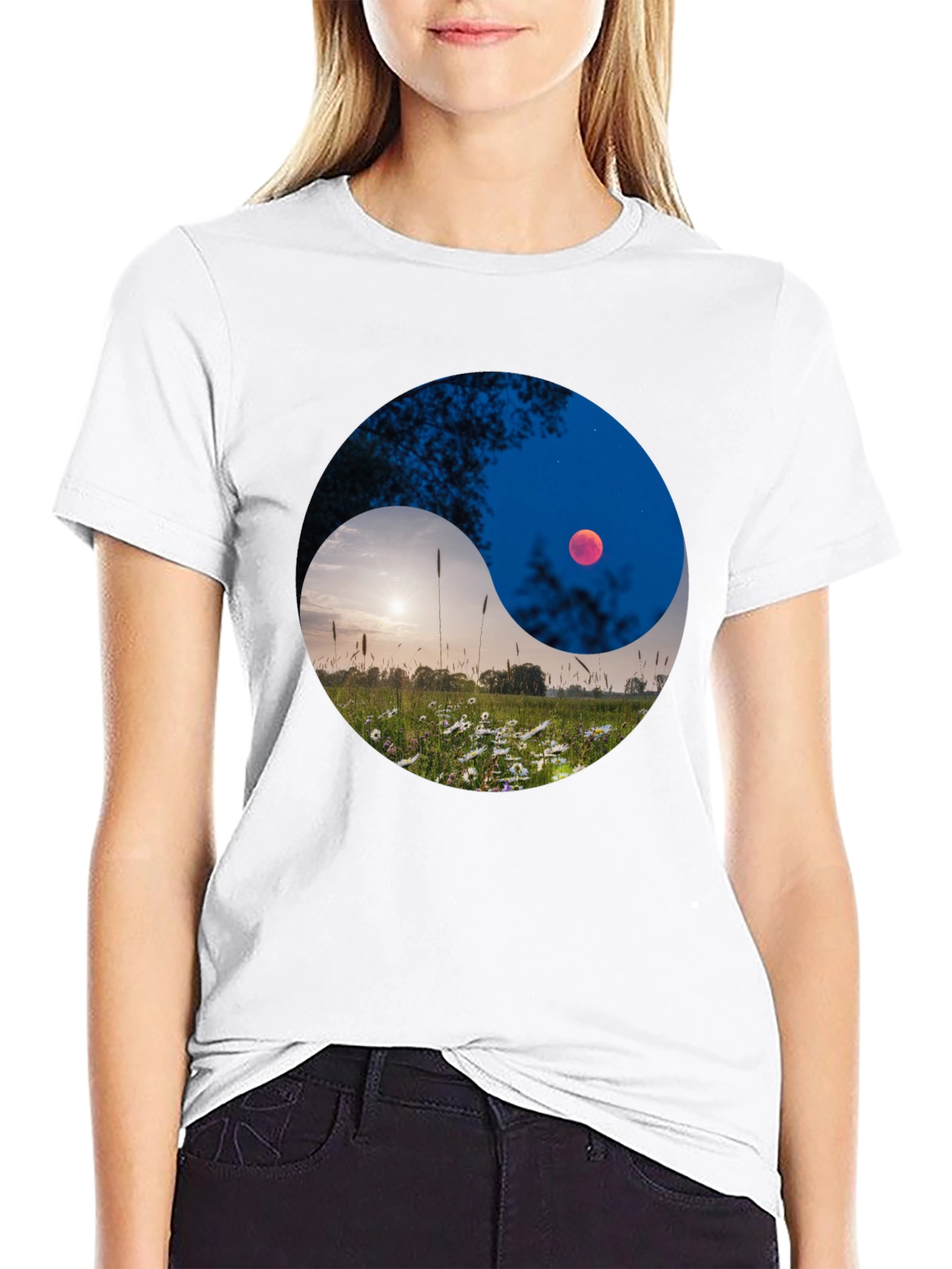 Black Yin Yang Landscape Graphic Tee view 9