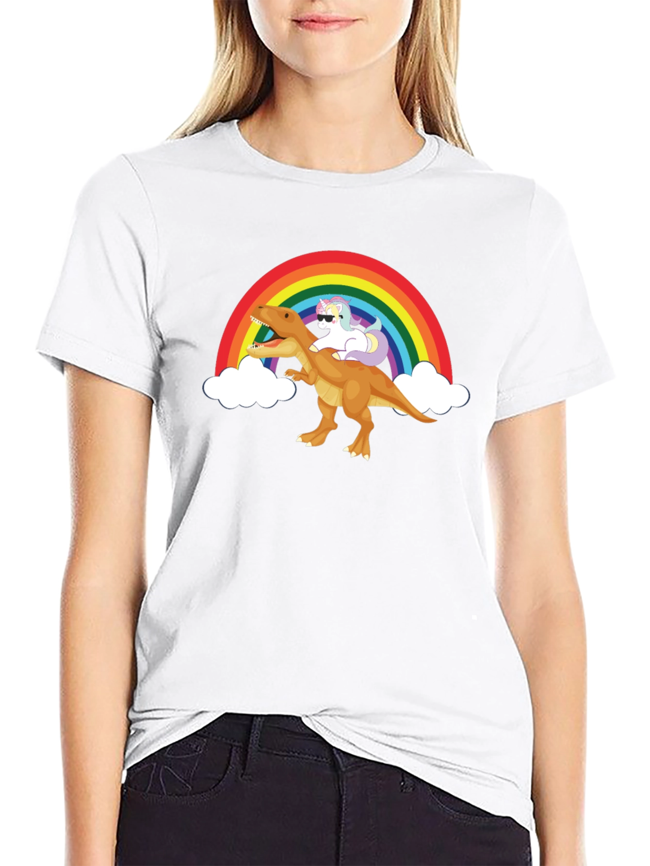 Black Rainbow Unicorn Riding Dinosaur Graphic Tee view 9
