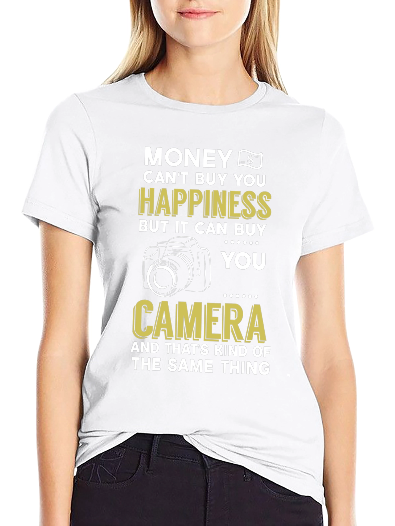 Black Funny Photography T-Shirt, Money Can't Buy Happiness Camera Tee view 9