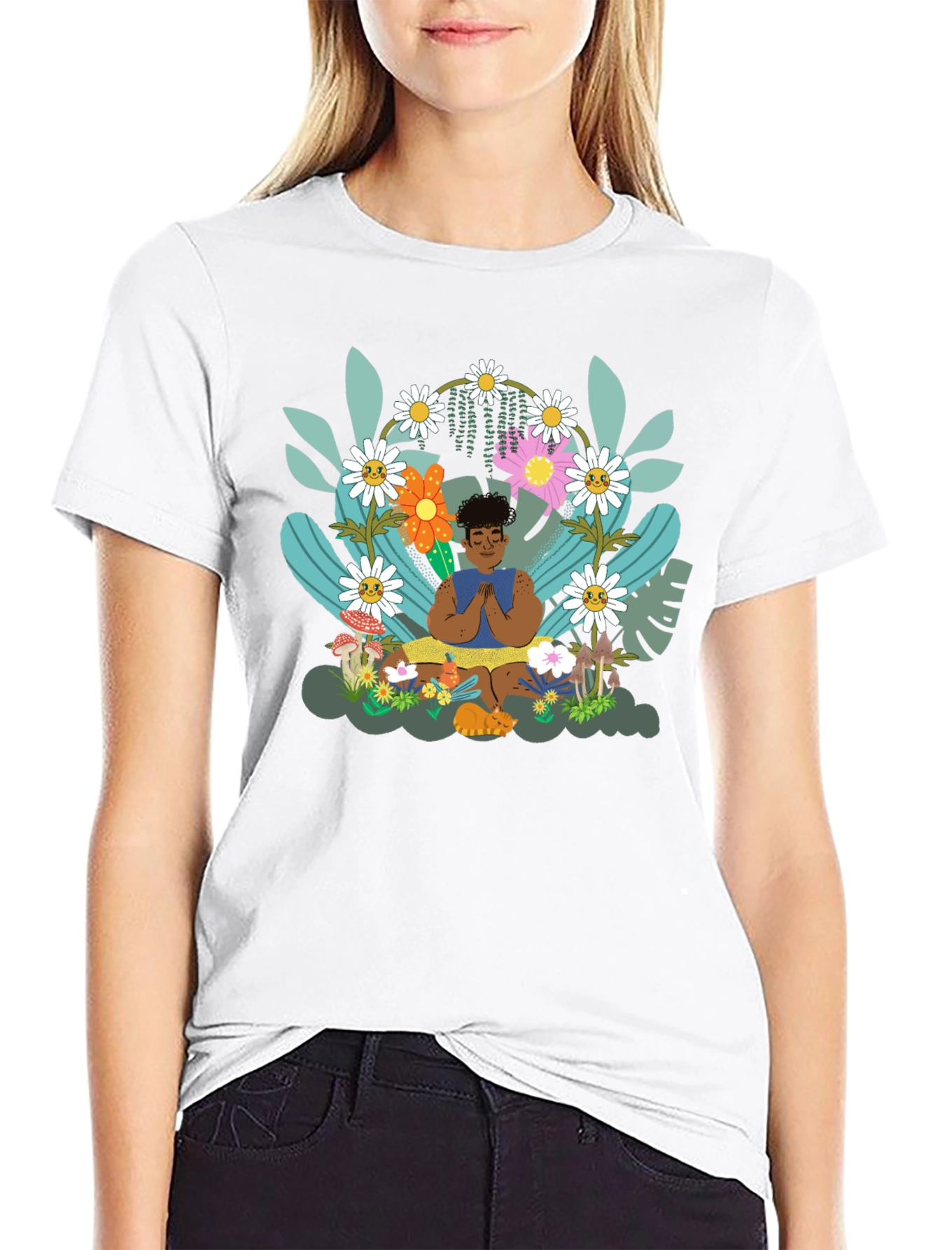 Black Zen Garden T-Shirt - Meditating Figure with Floral Design view 9