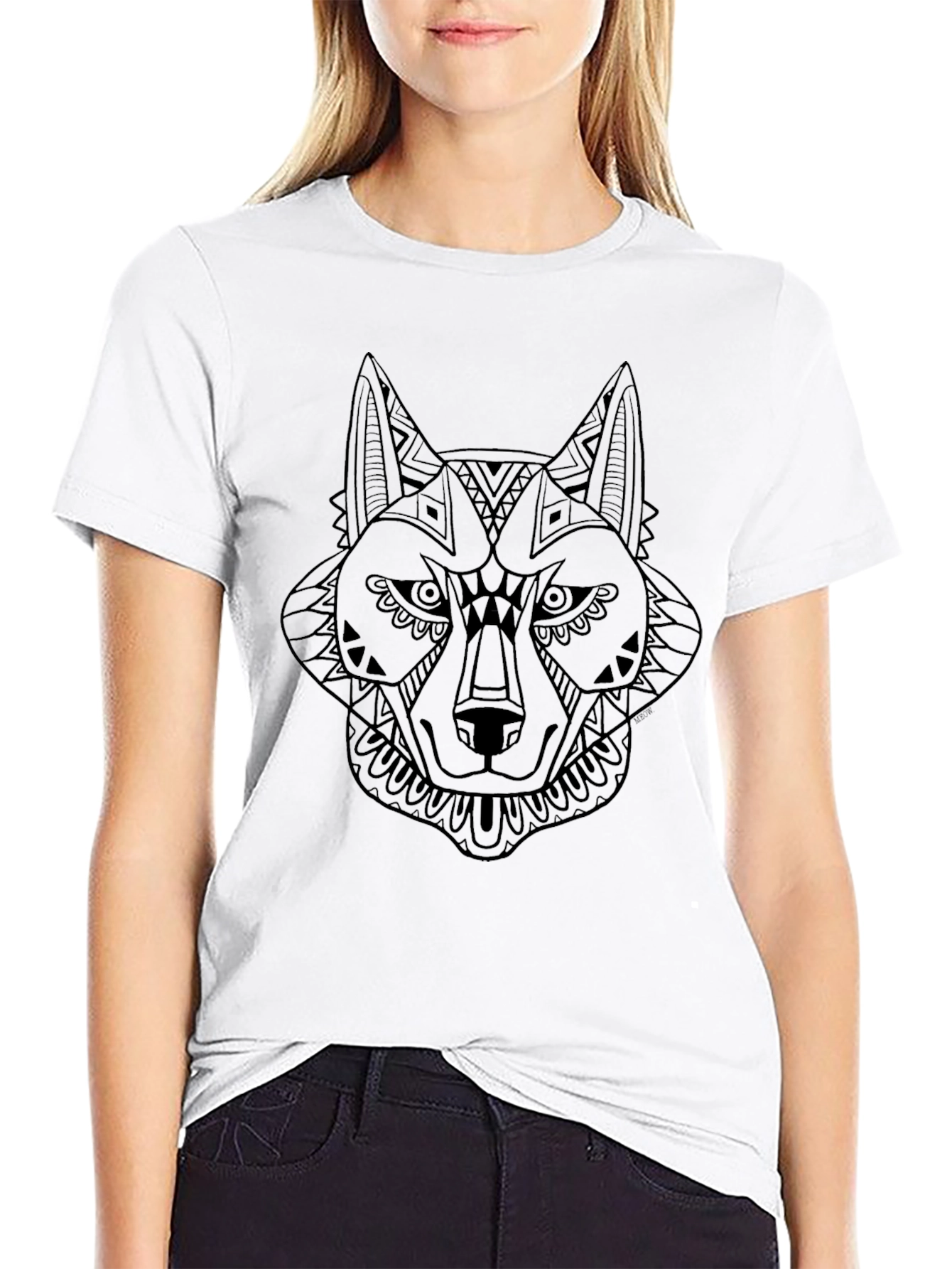 Black Black T-Shirt with Geometric Wolf Design view 9