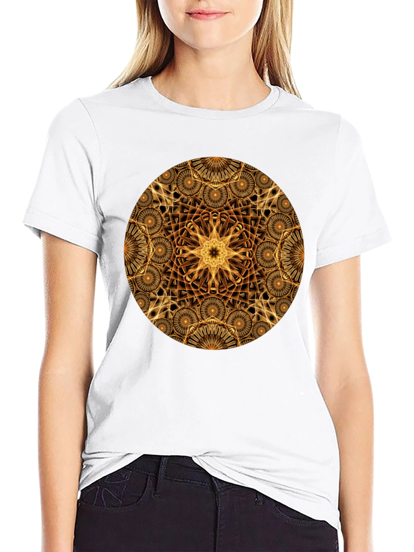 Black Geometric Gold Mandala Graphic T-Shirt view 9