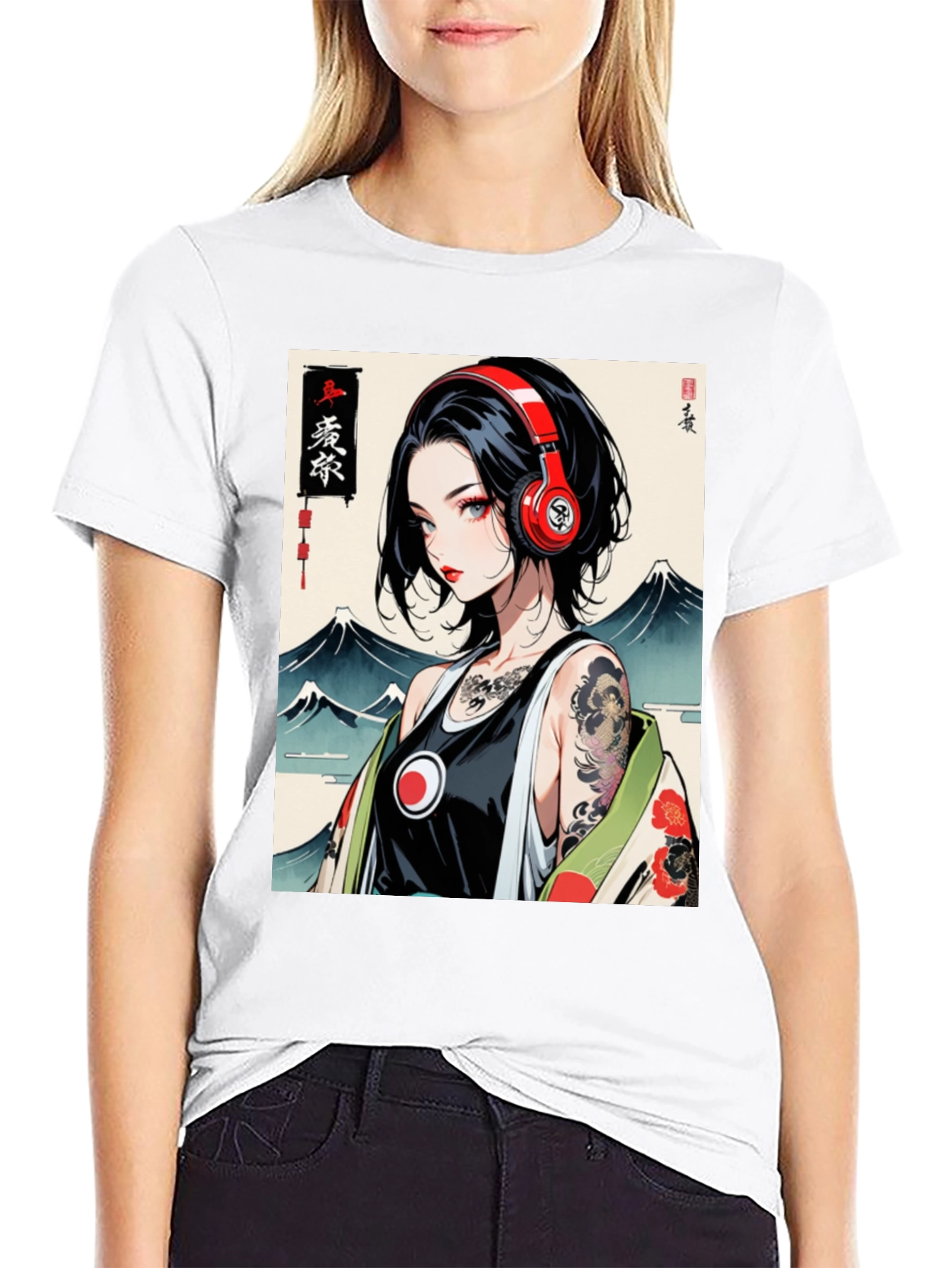Black Anime Girl Headphones Graphic Black T-Shirt view 9
