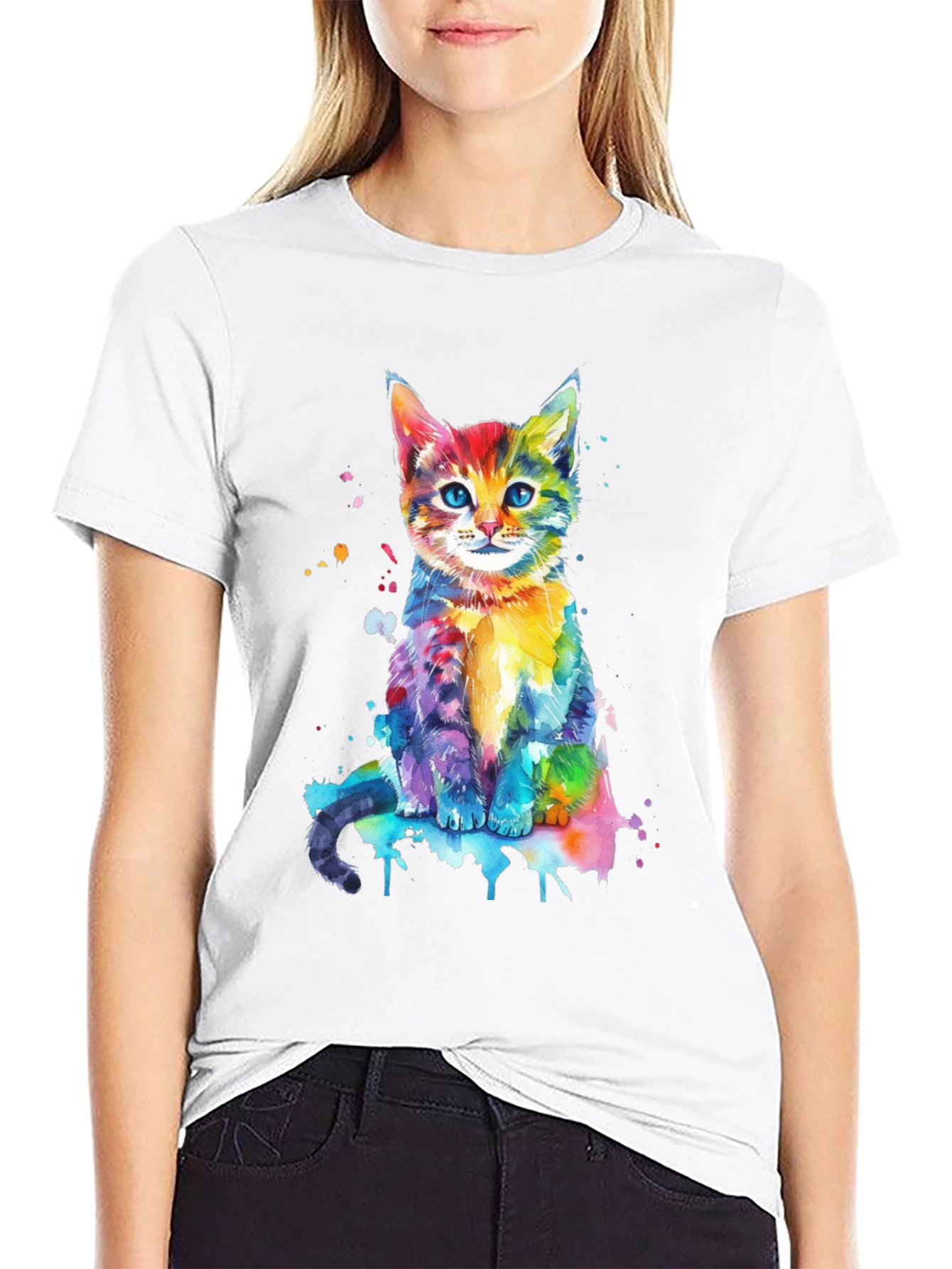 Black Watercolor Cat Graphic Tee - Vibrant Colorful Kitten Shirt view 9